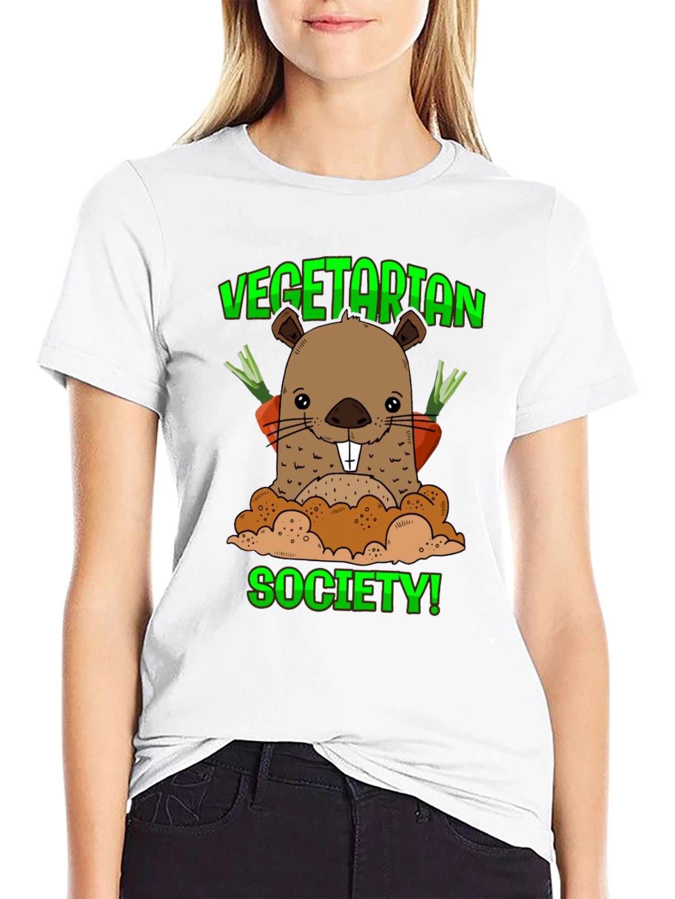Black Vegetarian Society T-Shirt with Groundhog Graphic view 9