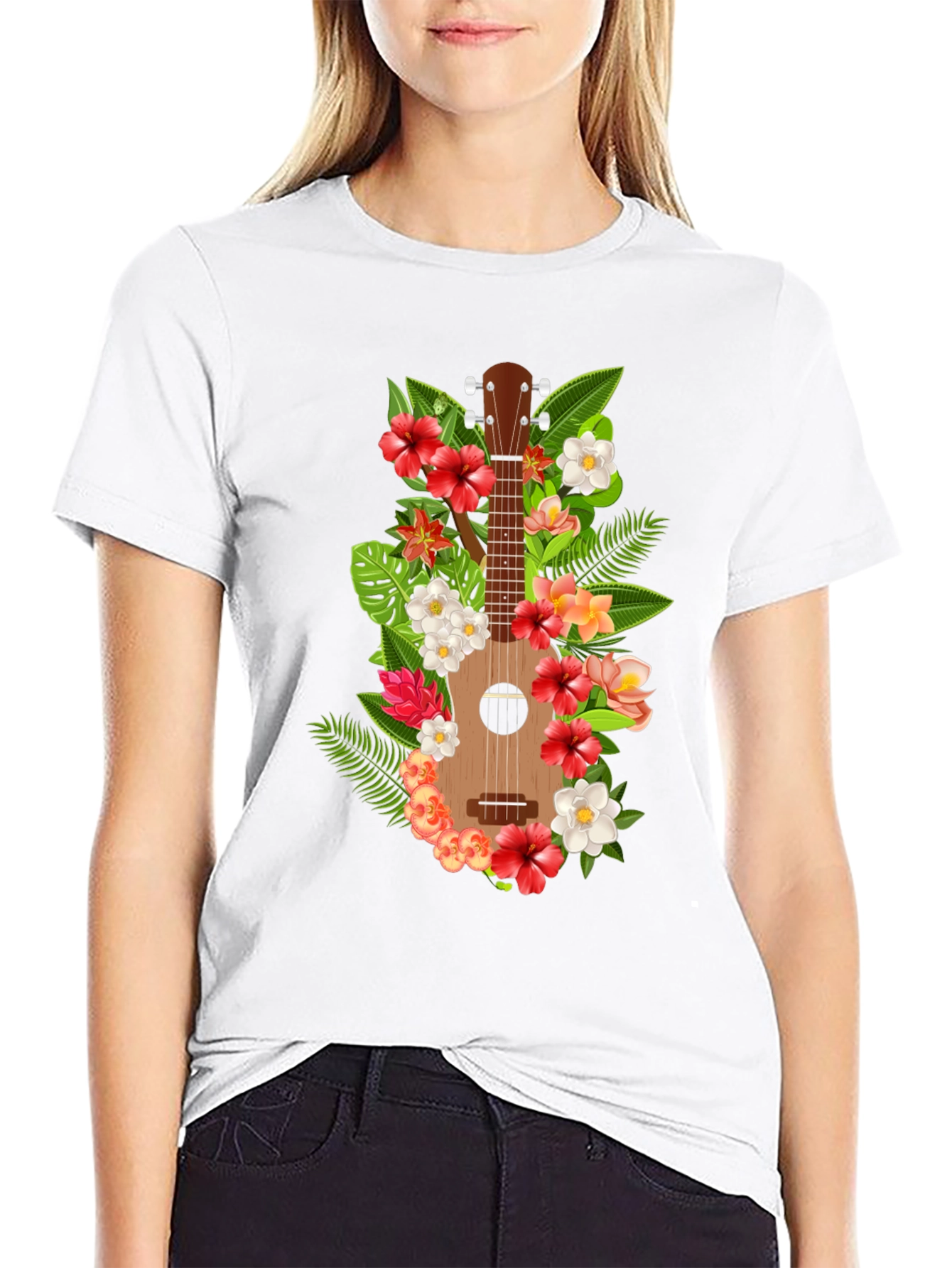 Black Floral Ukulele Black T-Shirt view 9