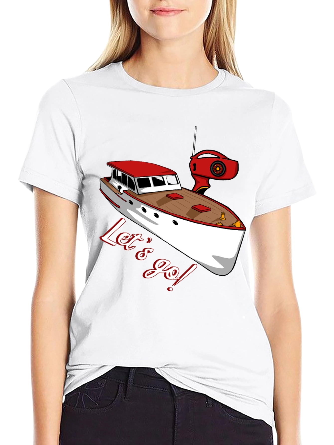 Black Let's Go Boating T-Shirt: Red & White Boat Graphic view 9