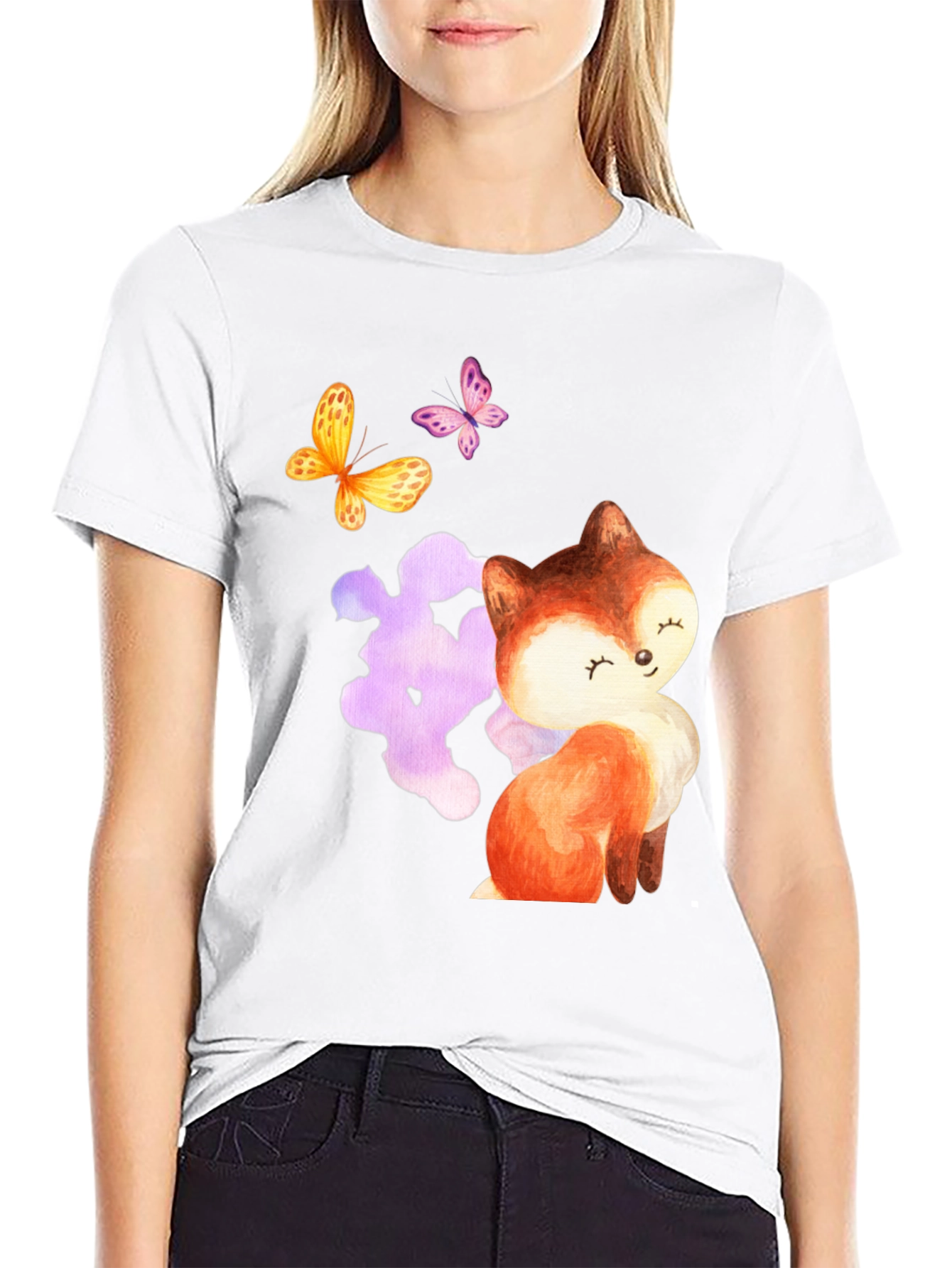 Black Cute Fox & Butterfly Graphic Tee - Stylish Comfort view 9