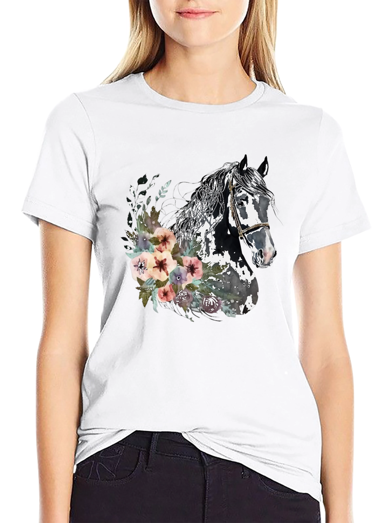 Black Floral Horse Graphic Tee - Unisex Black T-Shirt view 9