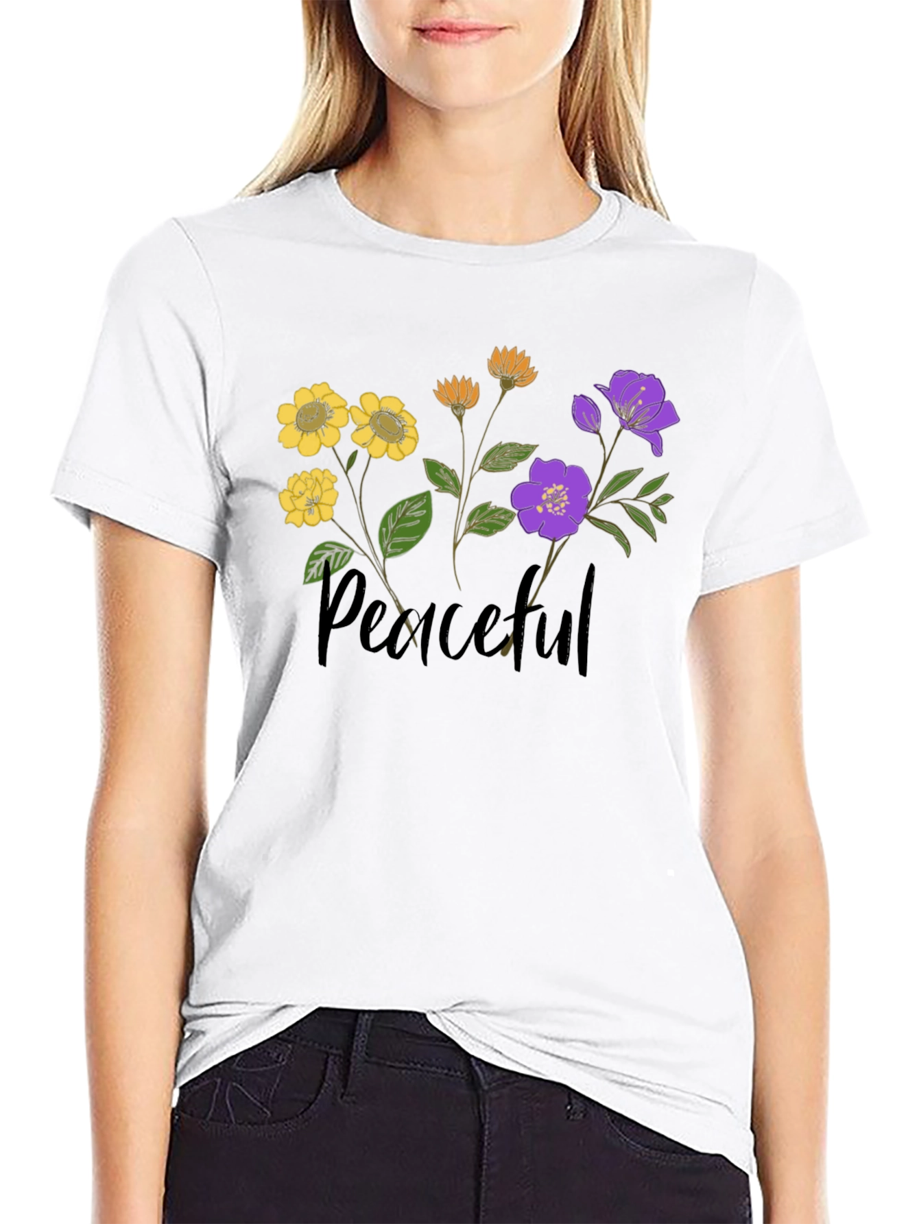 Black Peaceful Flower Graphic Tee view 9