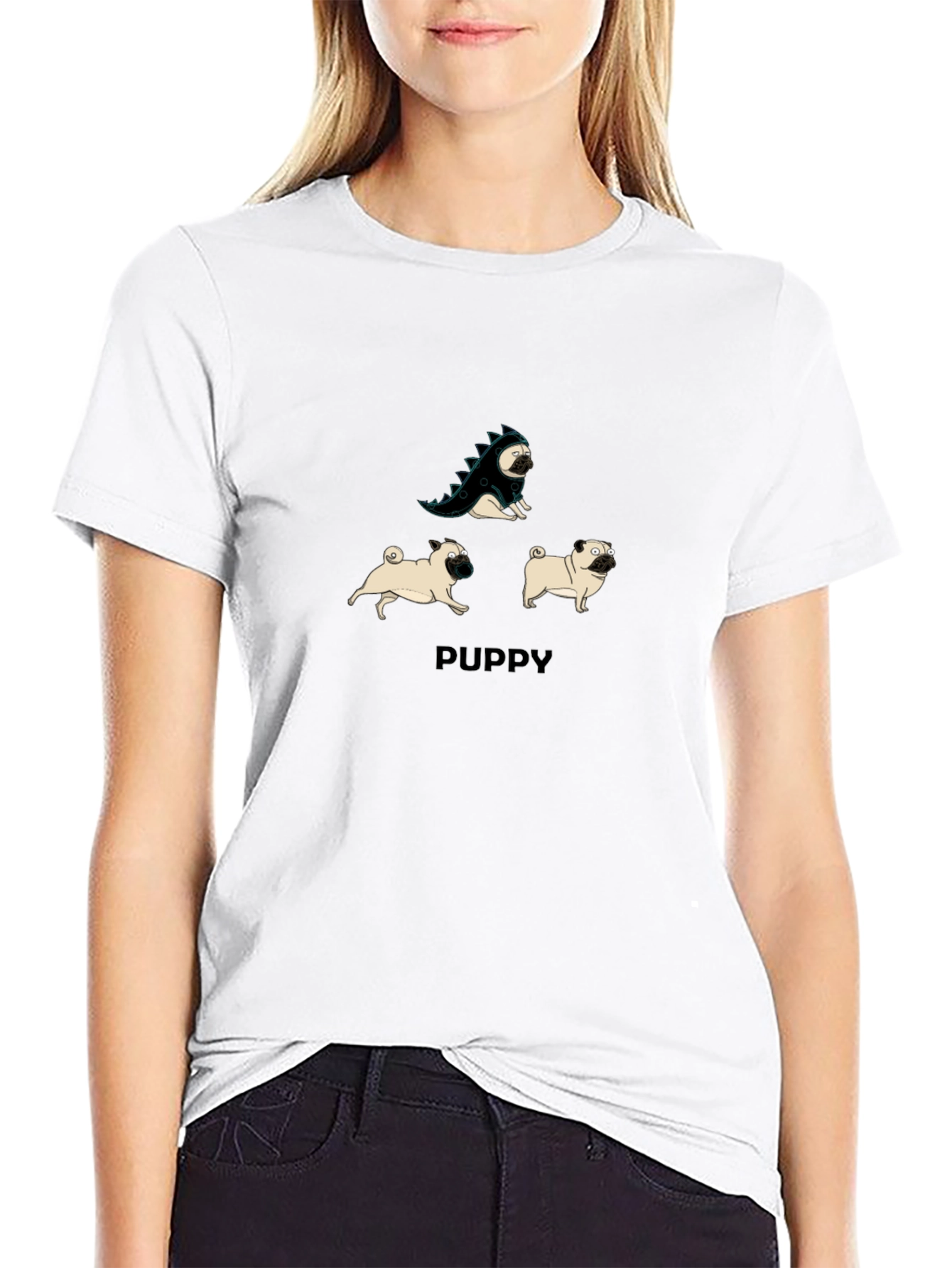Black Puppy Pug T-Shirt: Dino & Friends Graphic Tee view 9