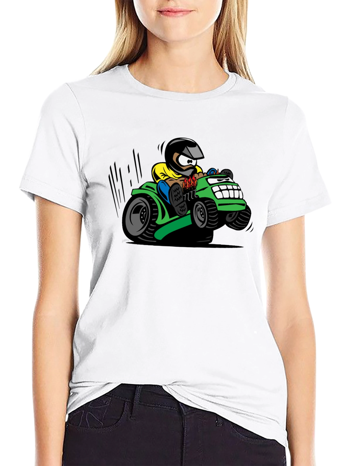 Black Cartoon Lawn Mower Rider Graphic Tee view 9