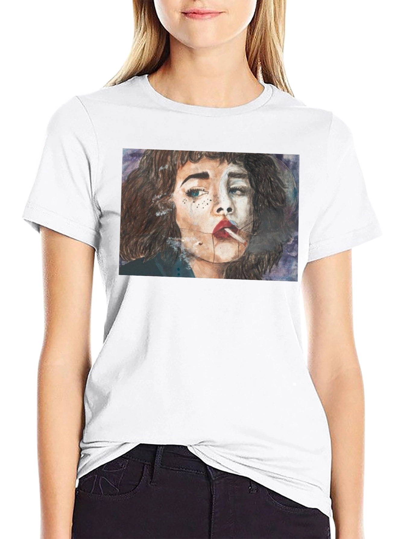 Black Smoking Woman Graphic Tee - Unisex Black T-Shirt view 9