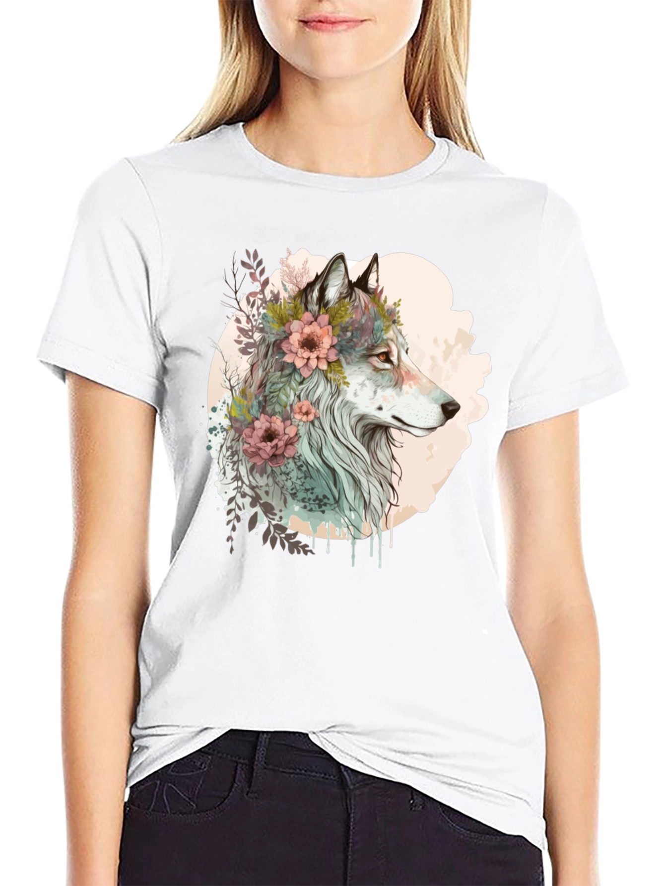 Black Wolf and Floral Graphic Tee - Stylish Men's Black T-Shirt view 9