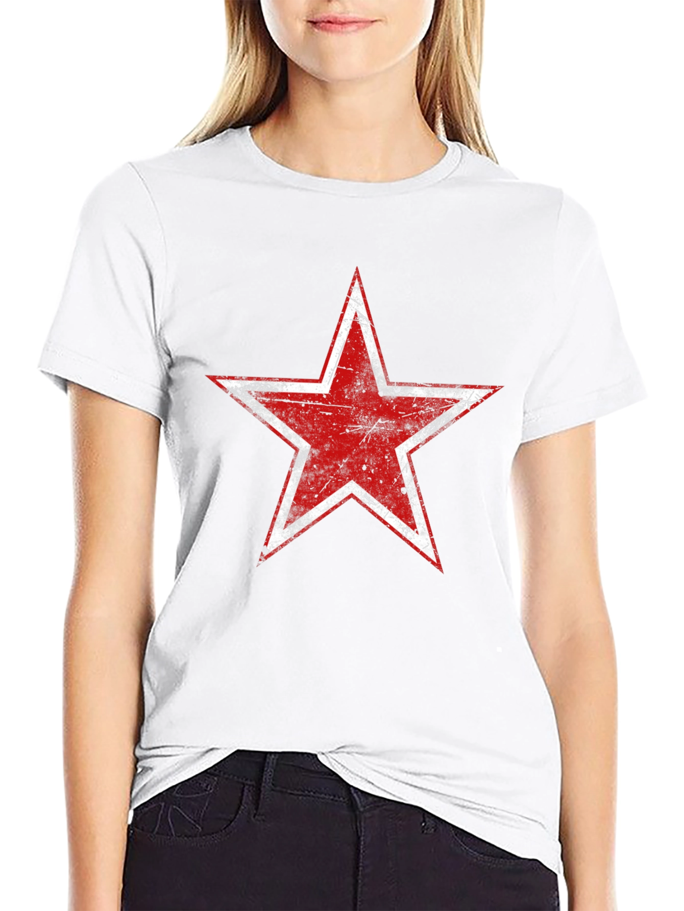 Black Distressed Red Star Graphic Black T-Shirt view 9