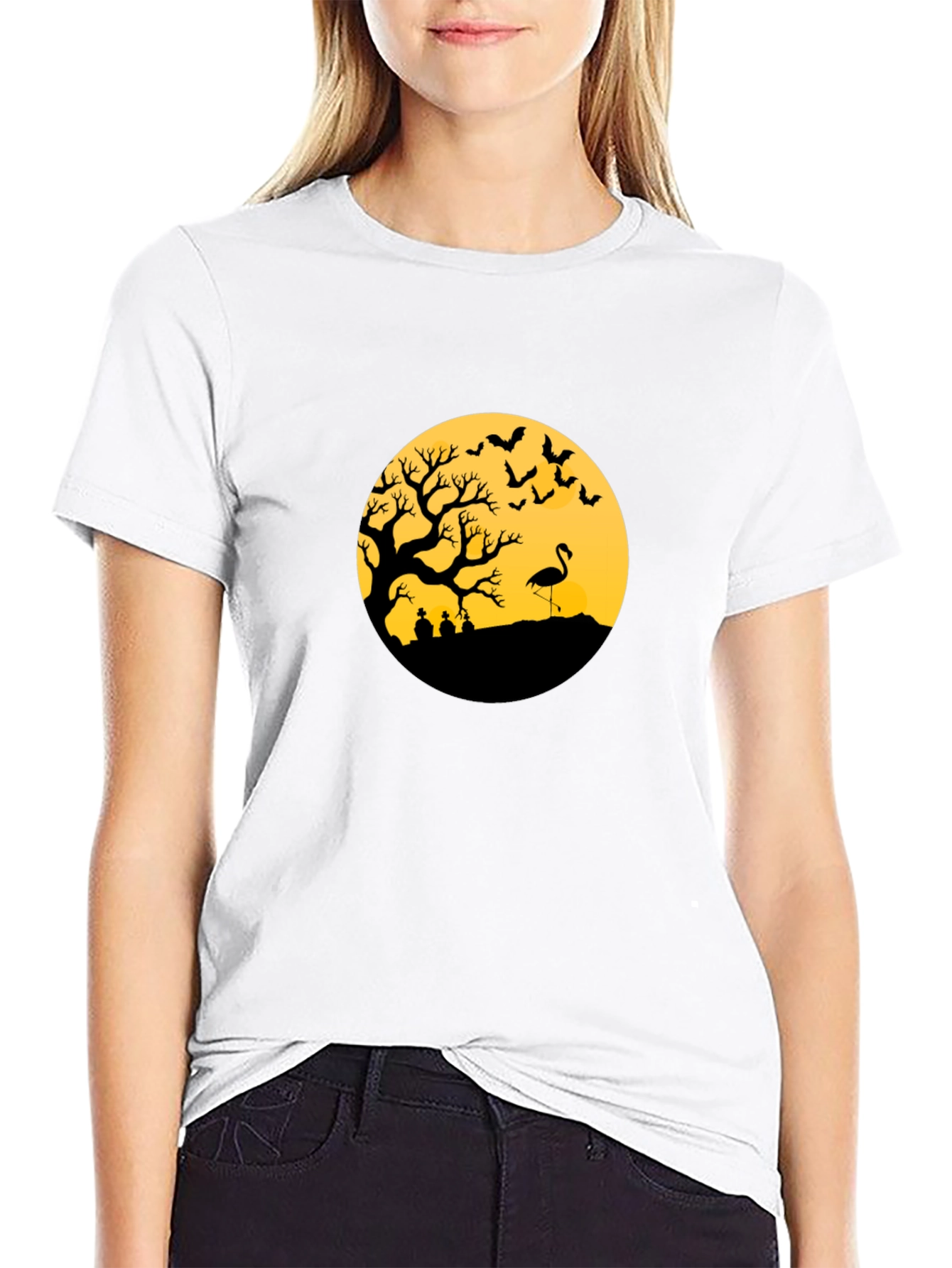 Black Halloween Tree Flamingo Tee view 9