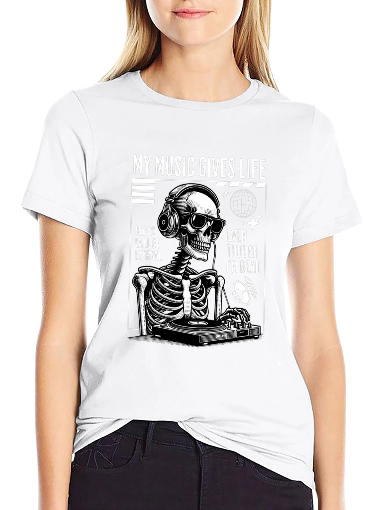 Black Music Gives Life Skeleton DJ Graphic T-Shirt view 9