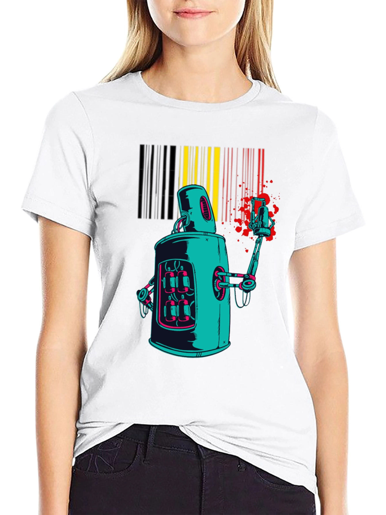 Black Retro Robot Graphic Print Black T-Shirt view 9