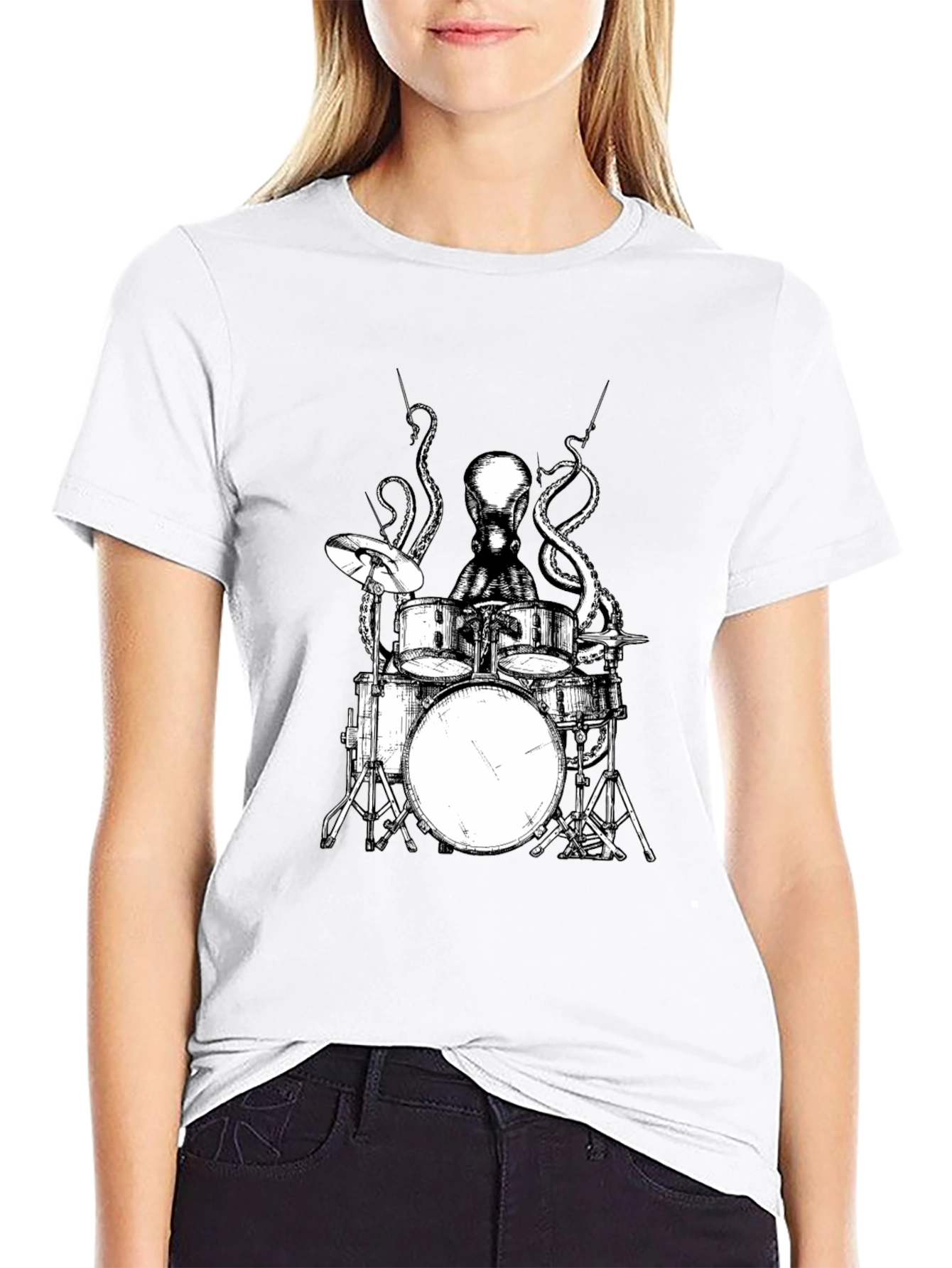 Black Octopus Drummer Graphic Tee - Black Cotton T-Shirt view 9