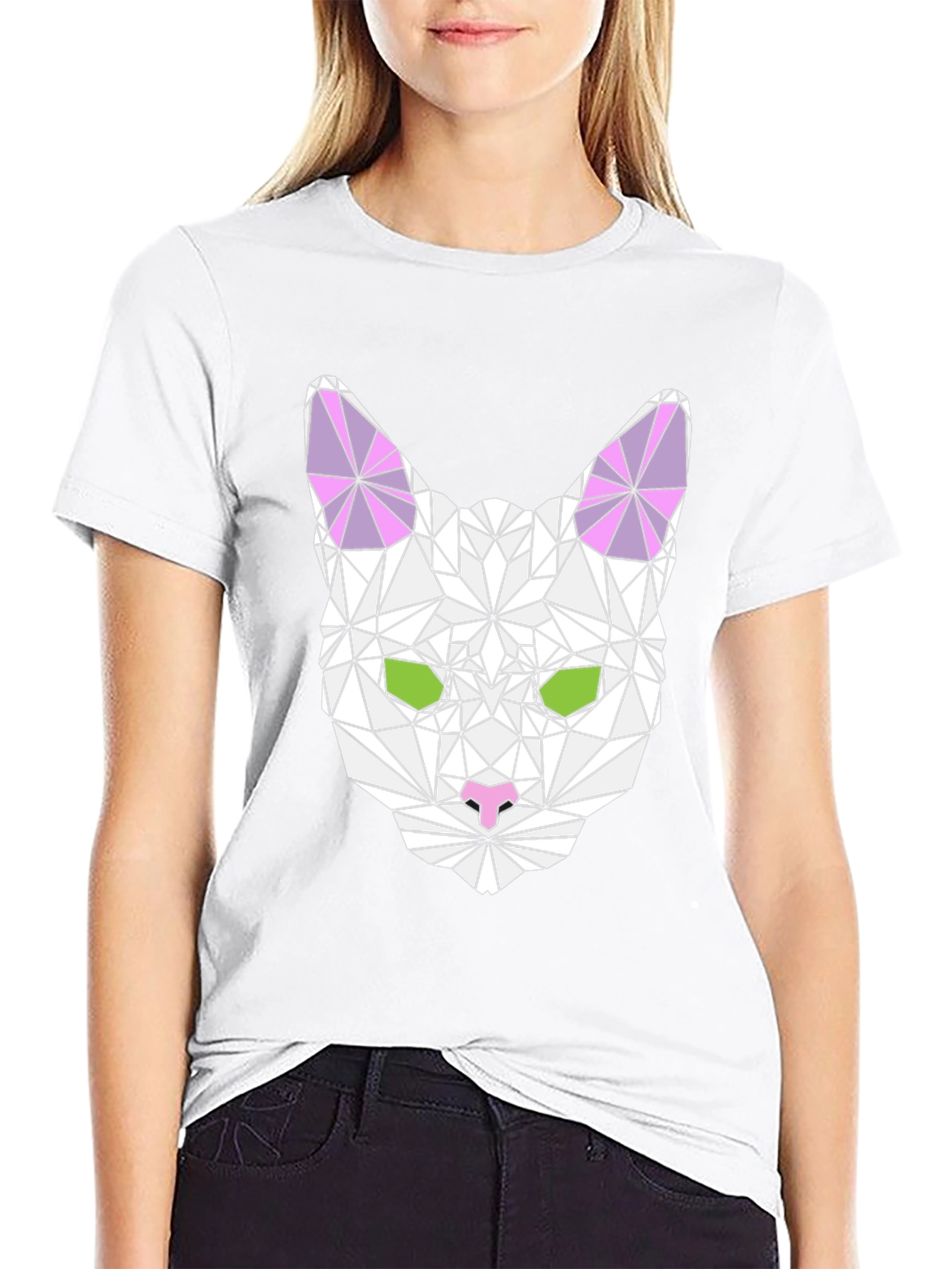Black Geometric Cat Tee - Stylish Black T-Shirt view 9