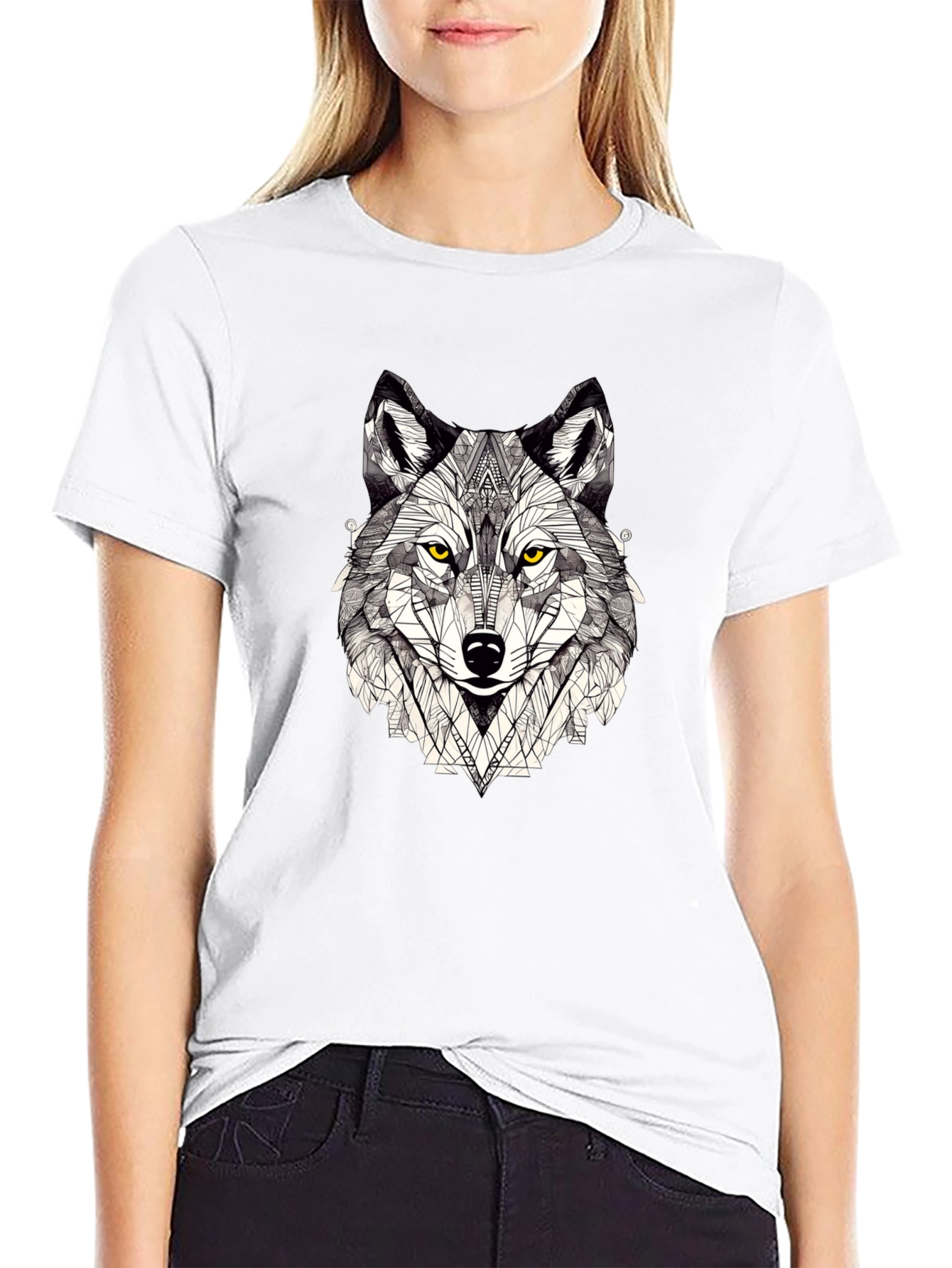 Black Geometric Wolf Graphic Print Black T-Shirt view 9