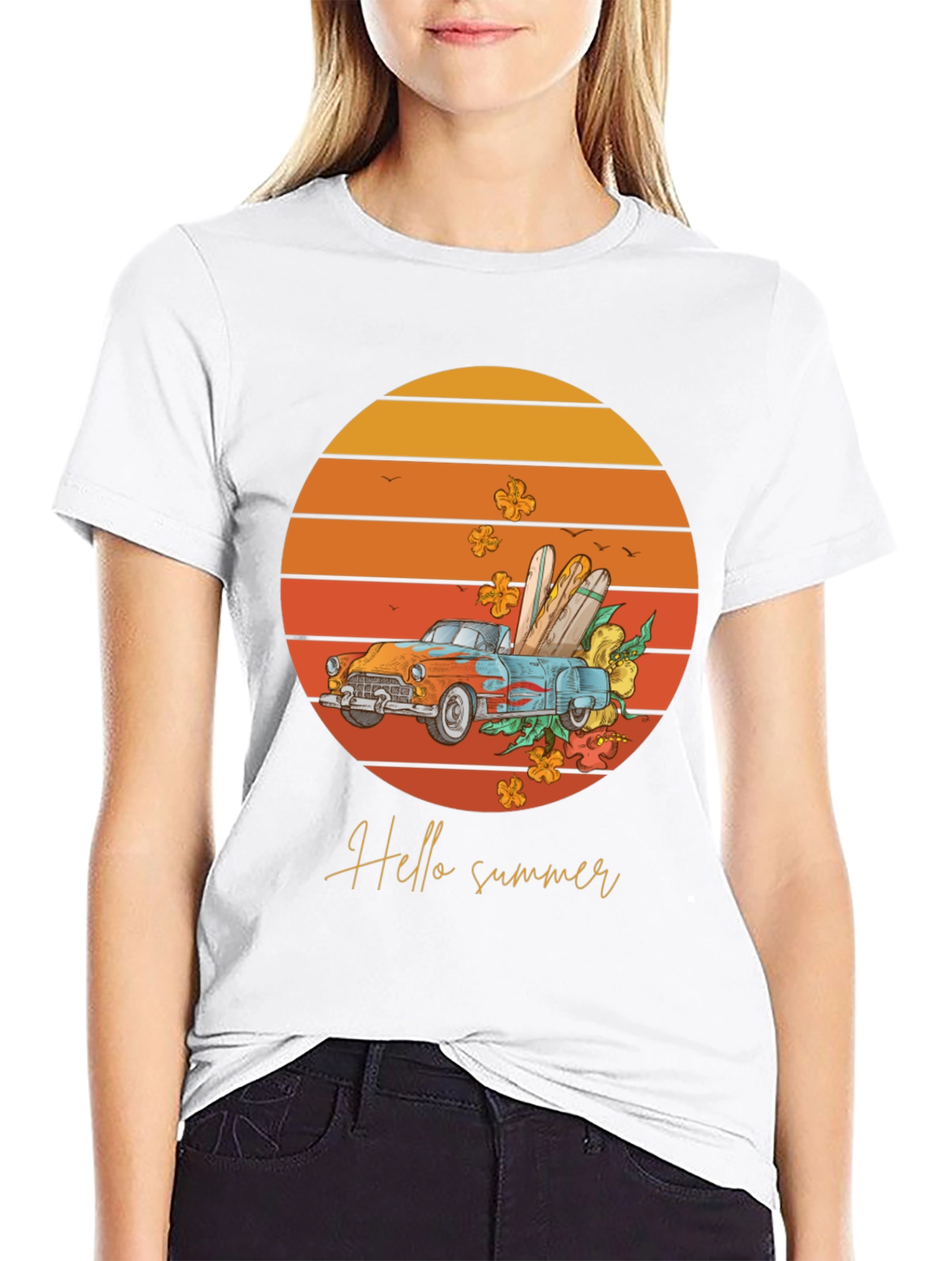 Black Hello Summer T-Shirt - Sunset Car Graphic Tee view 9
