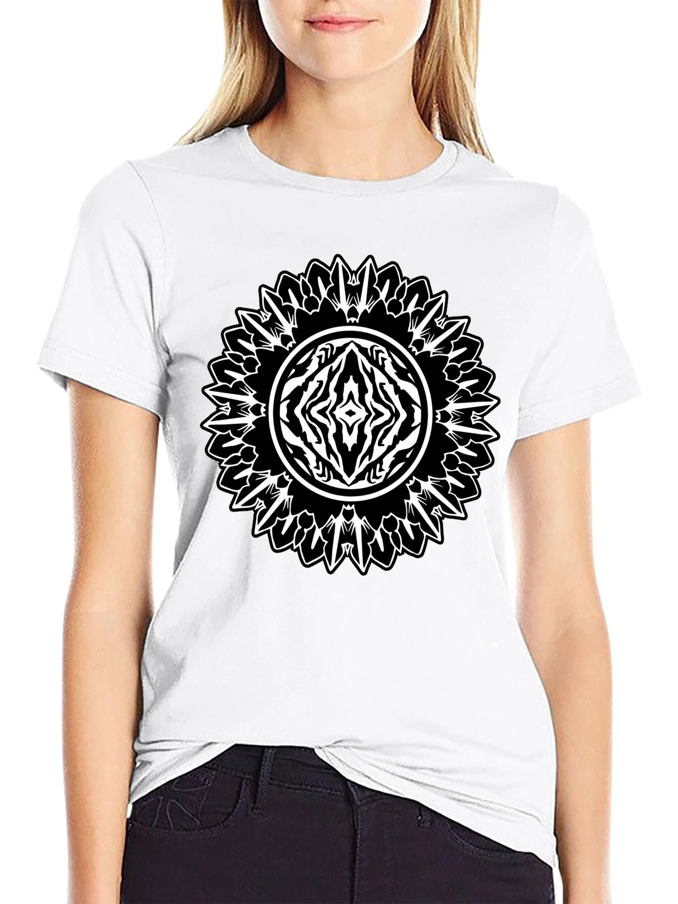 Black Geometric Mandala Graphic Tee - Black Cotton Casual Shirt view 9