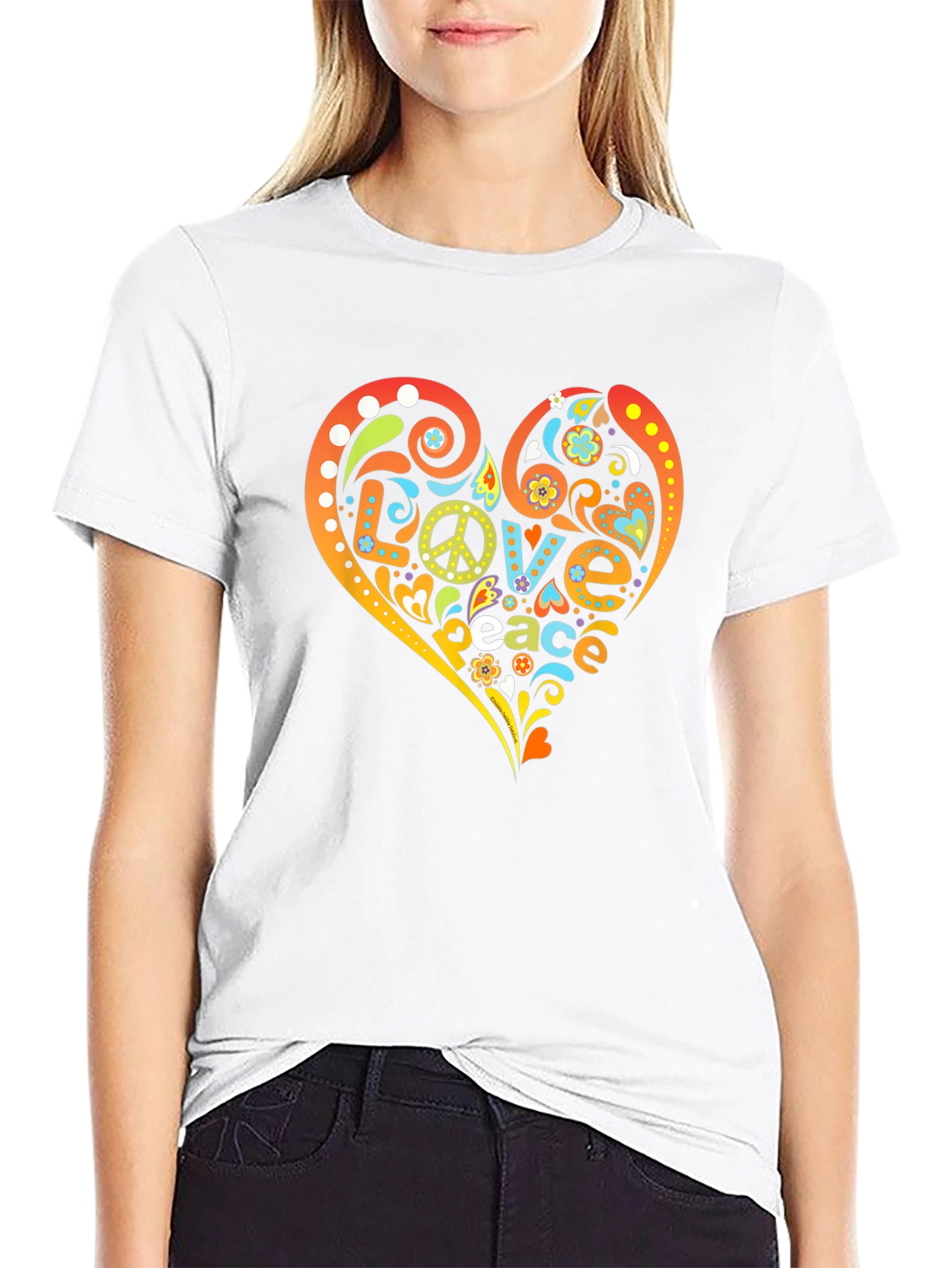 Black Peace & Love Heart Graphic T-Shirt - Retro Hippie Style view 9