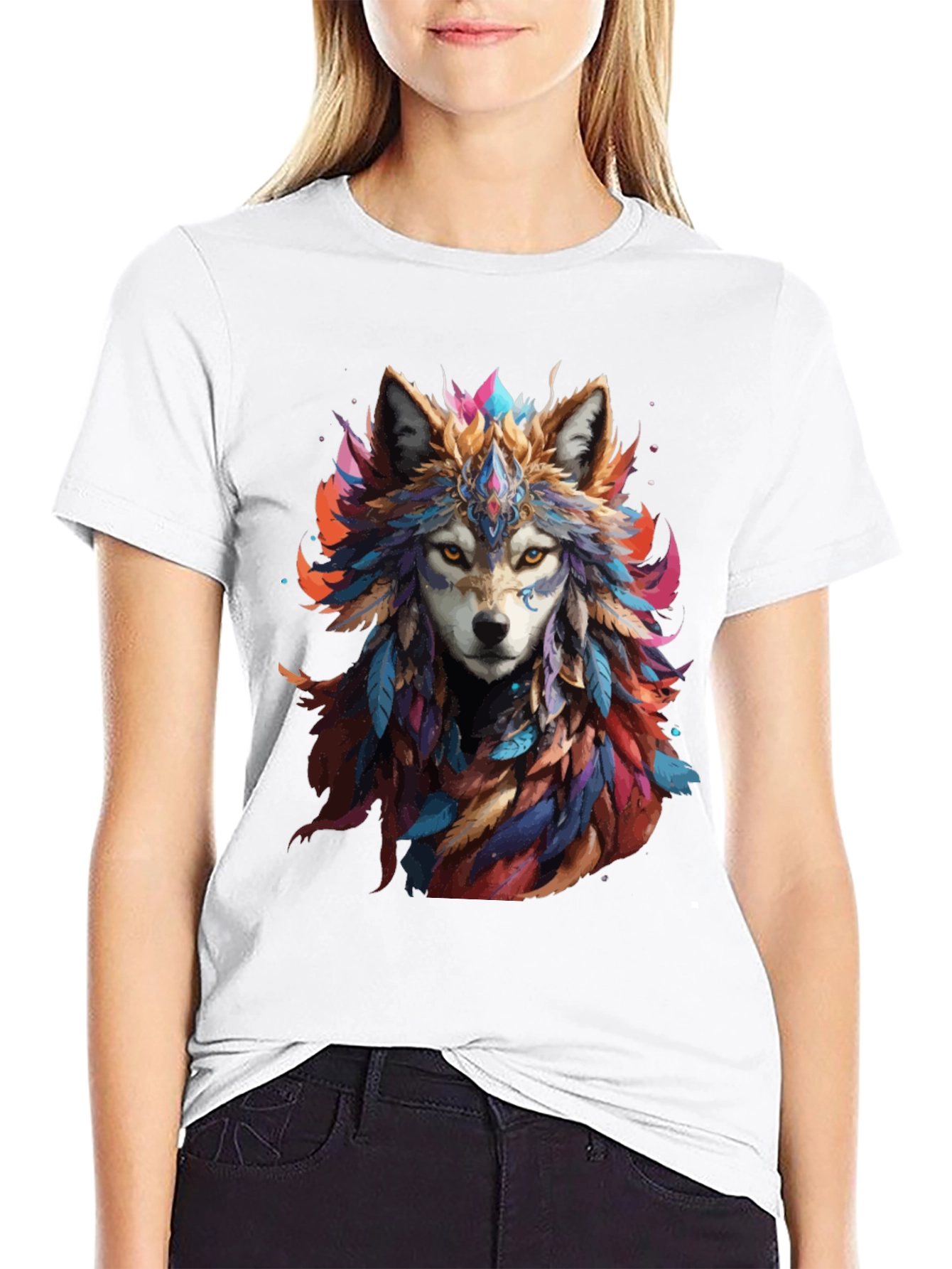 Black Wolf Feather Headdress Graphic Black T-Shirt view 9