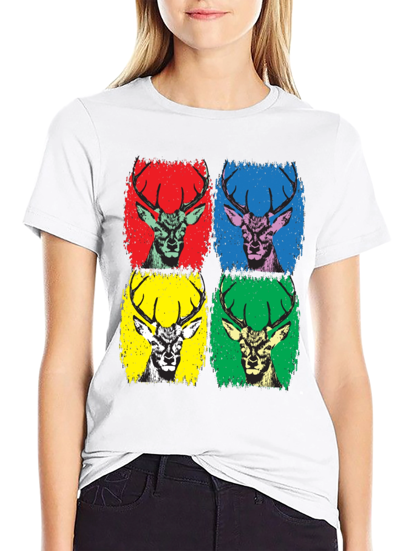 Black Pop Art Deer Graphic Tee - Black Cotton T-Shirt view 9