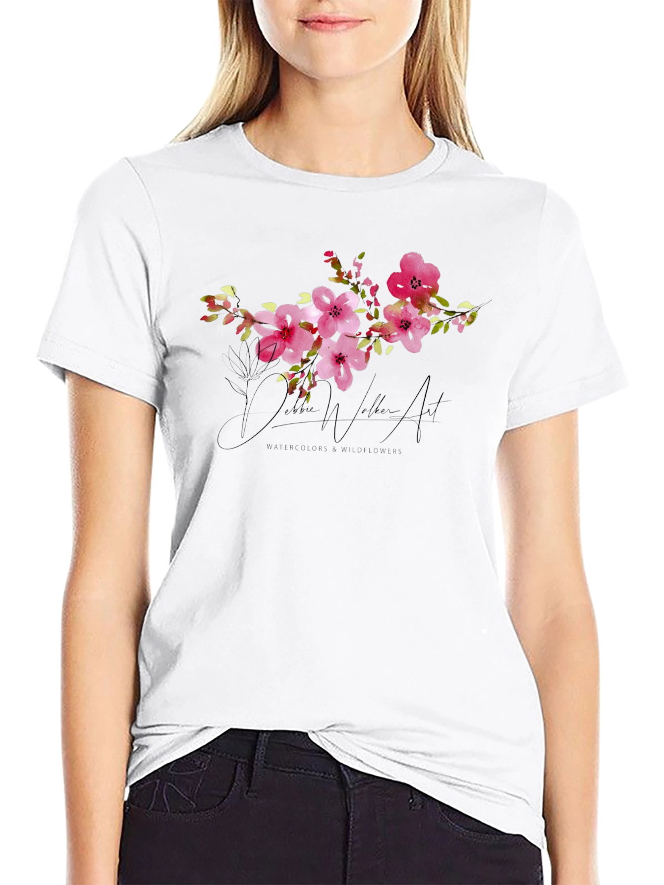 Black Floral Watercolor Art T-Shirt - Unique Design view 9