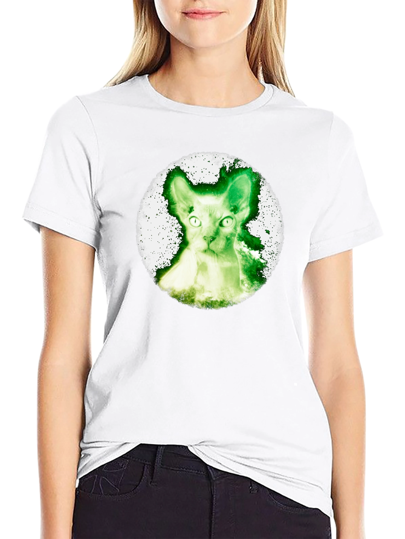 Black Green Cat Graphic Tee - Black Cotton Shirt view 9