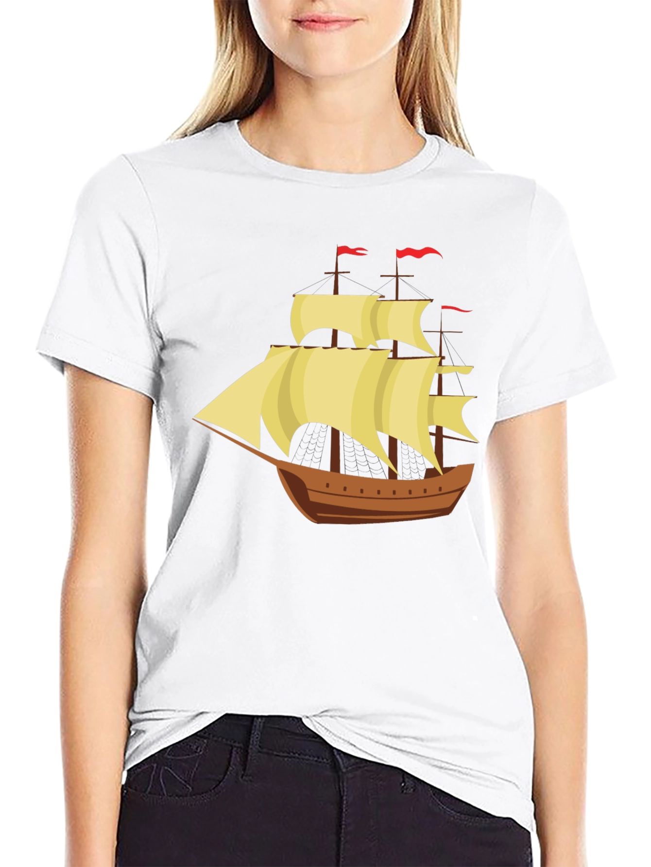 Black Vintage Sailing Ship Graphic Tee - Black Cotton T-Shirt view 9
