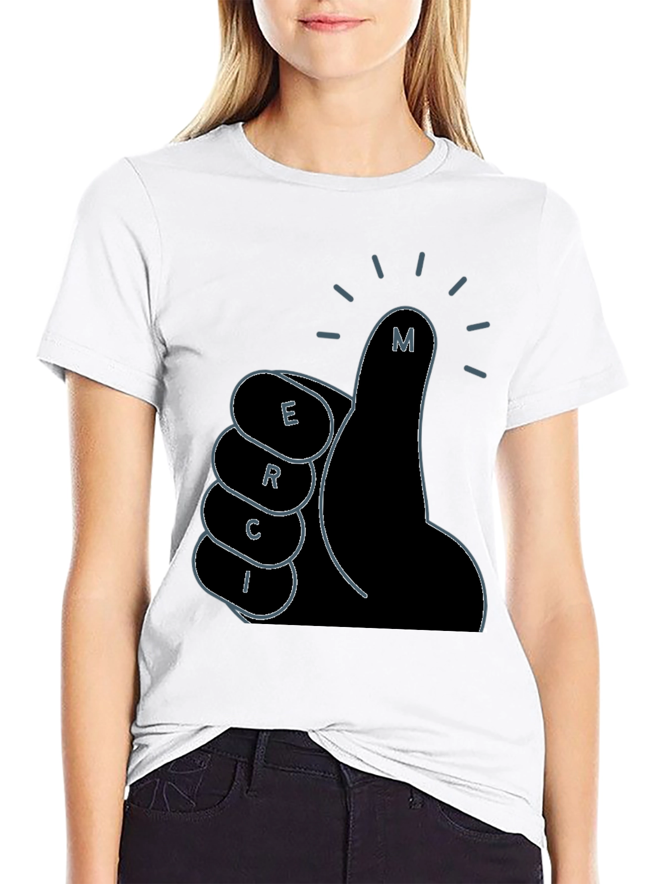 Black Merci Thumbs Up Graphic Tee - Black Cotton T-Shirt view 9