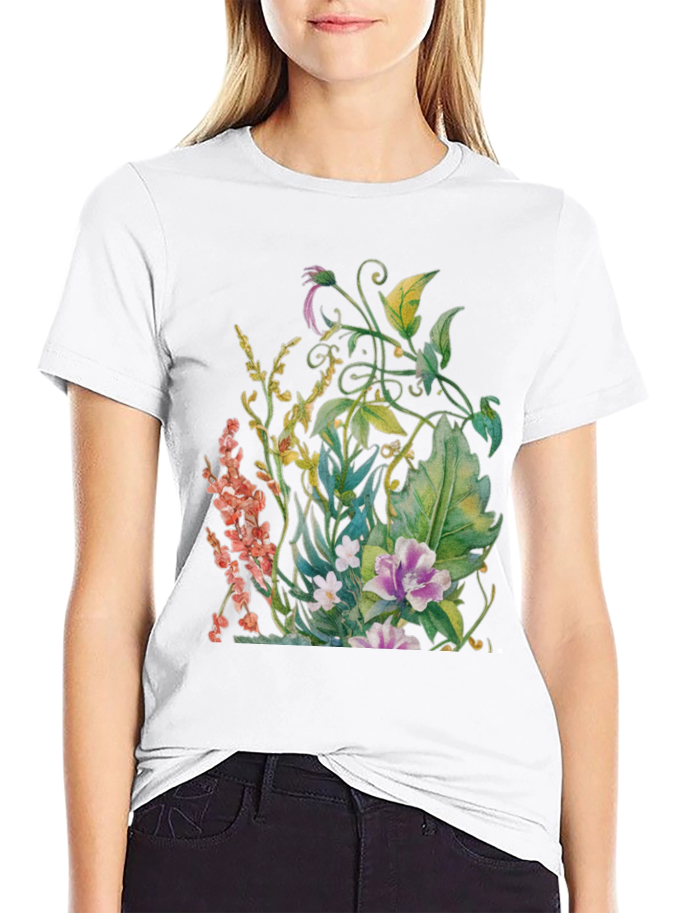 Black Floral Garden Watercolor Black T-Shirt view 9