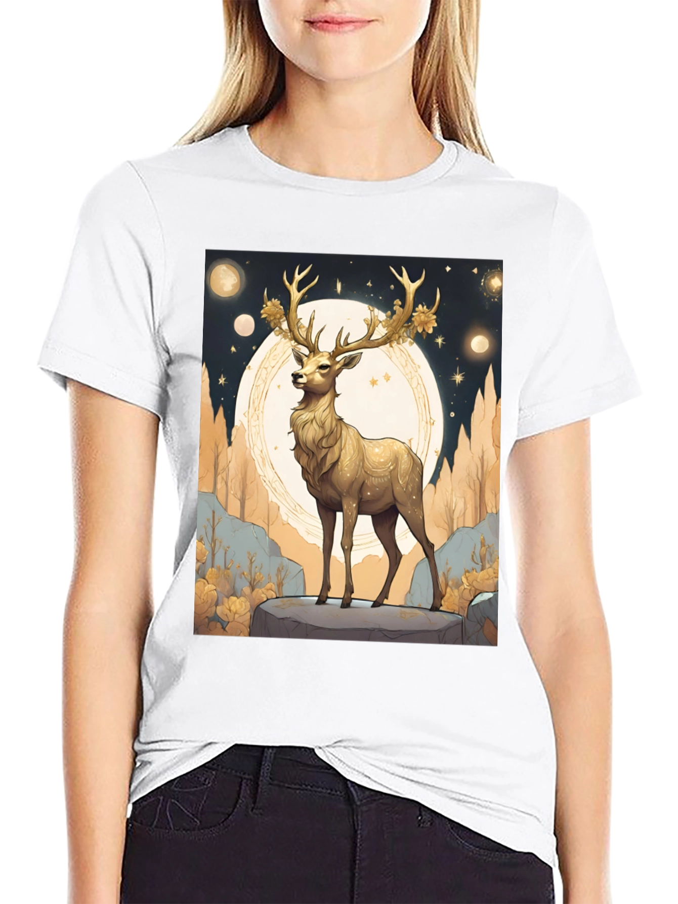 Black Golden Deer Graphic Tee - Celestial Stag Design view 9