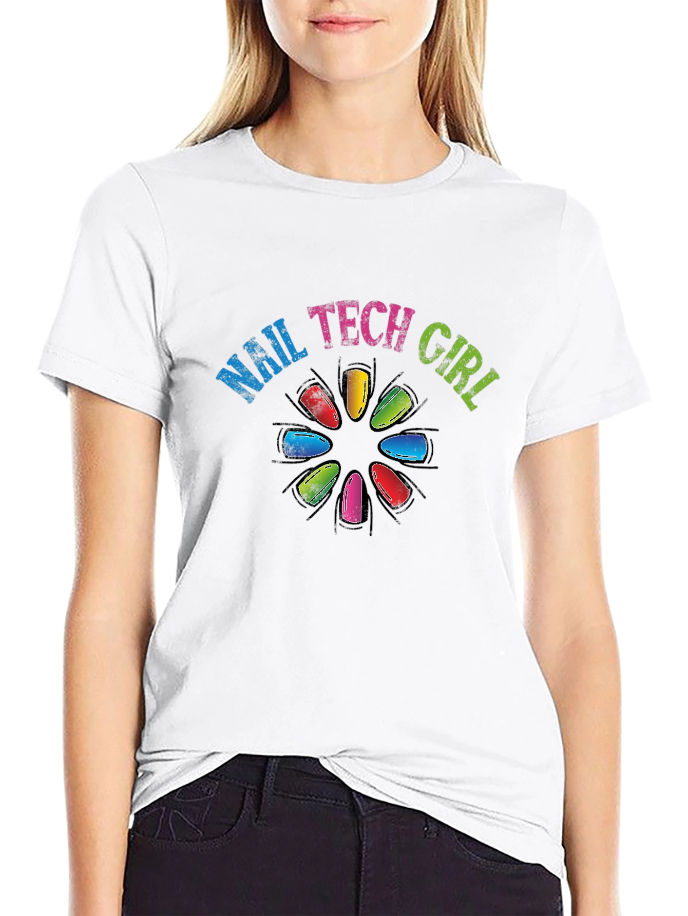 Black Nail Tech Girl T-Shirt Colorful Nail Art Tee view 9