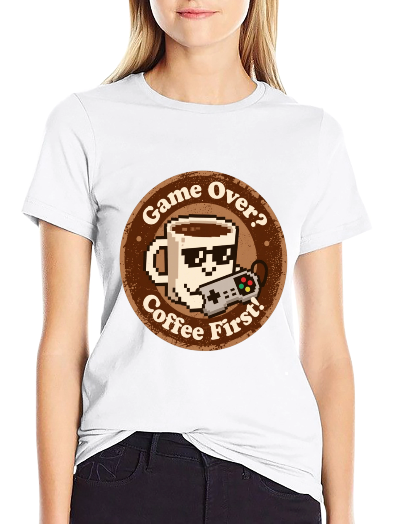 Black Game Over? Coffee First! Graphic Tee view 9