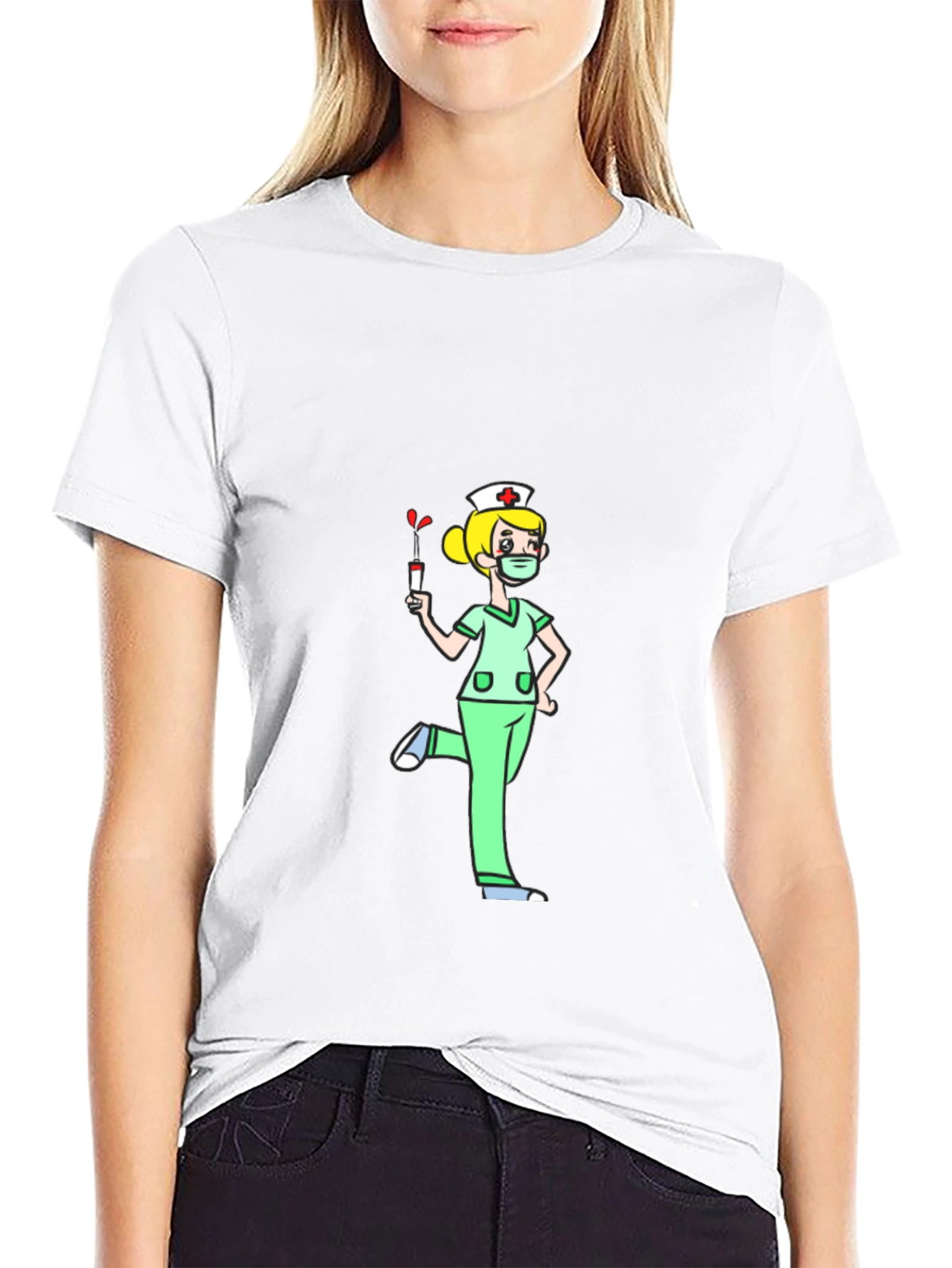 Black Nurse Cartoon Graphic T-Shirt - Black Cotton Tee view 9