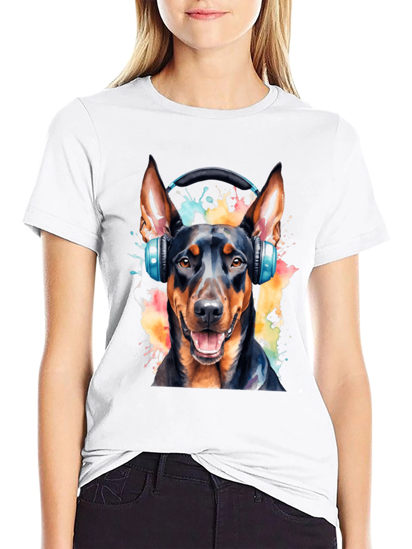 Black Dog with Headphones Black T-Shirt view 9