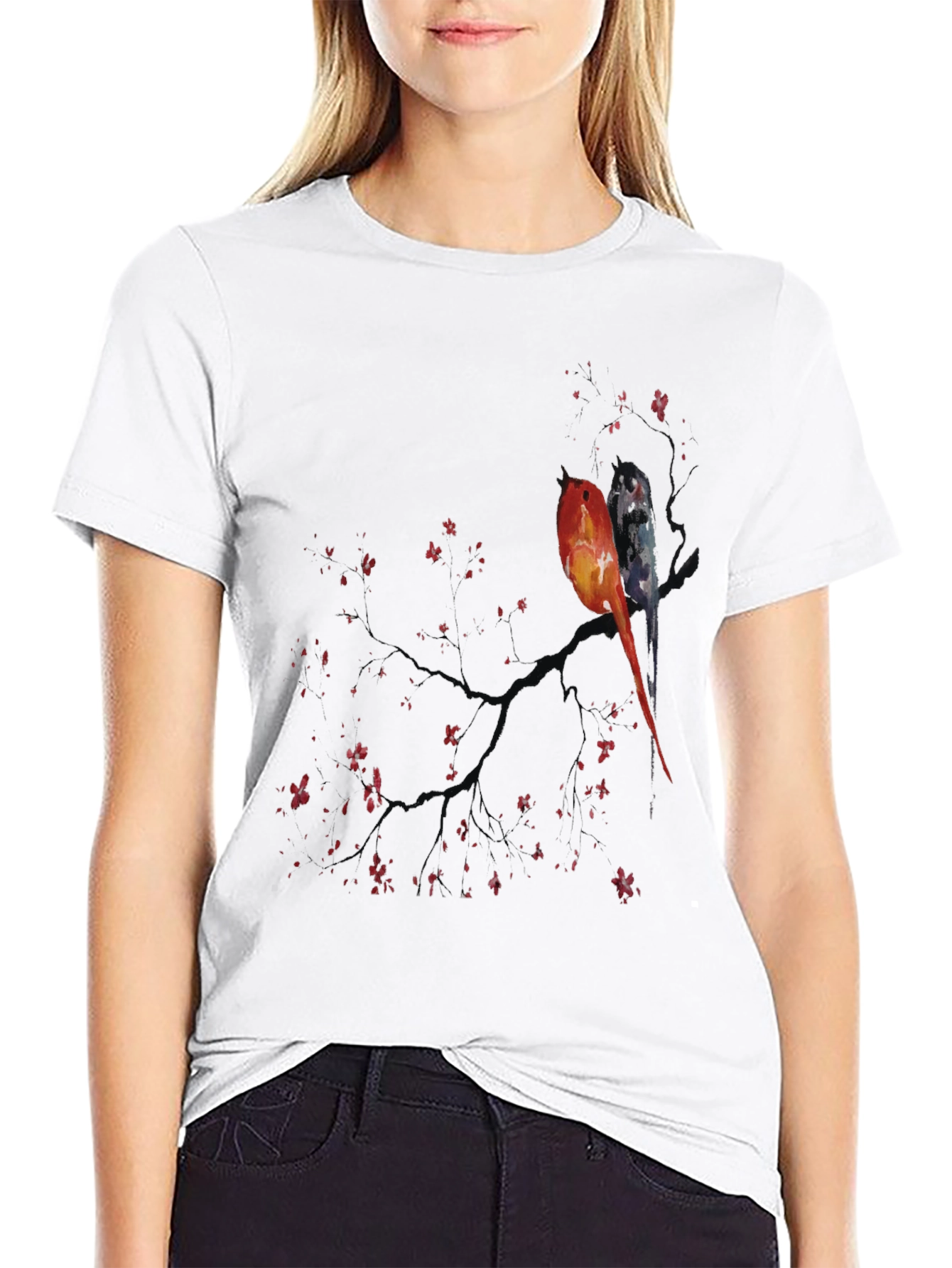 Black Artistic Birds on Branch Graphic Tee view 9