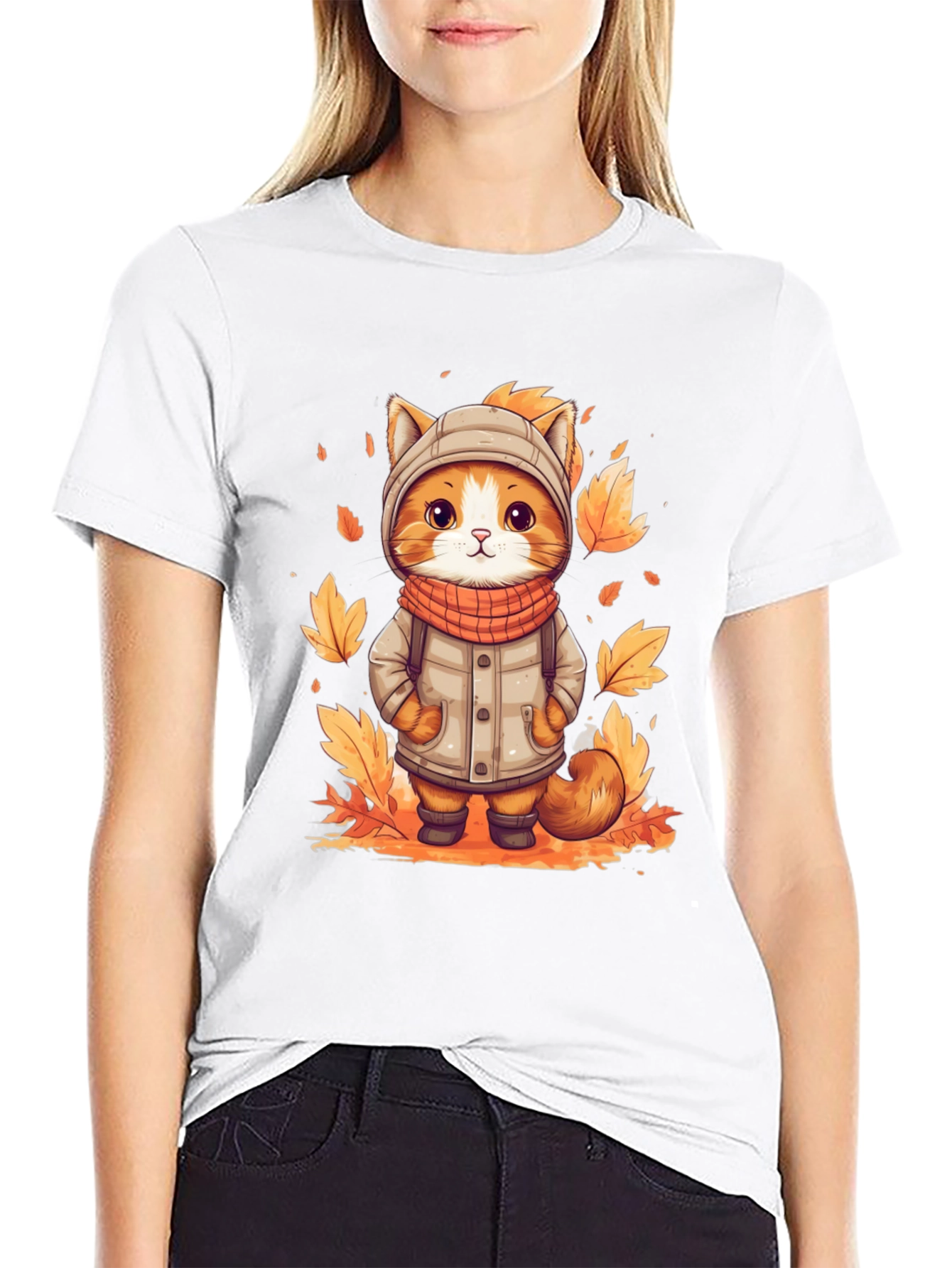 Black Fall Cat T-Shirt - Cute Autumn Kitten Design view 9