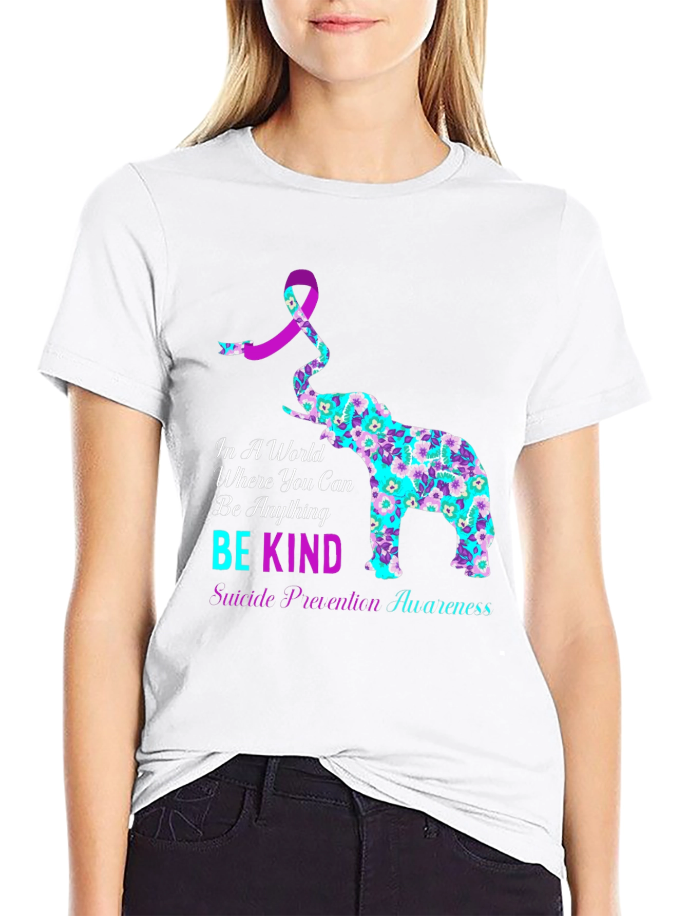 Black Be Kind Suicide Awareness Elephant Graphic Tee view 9