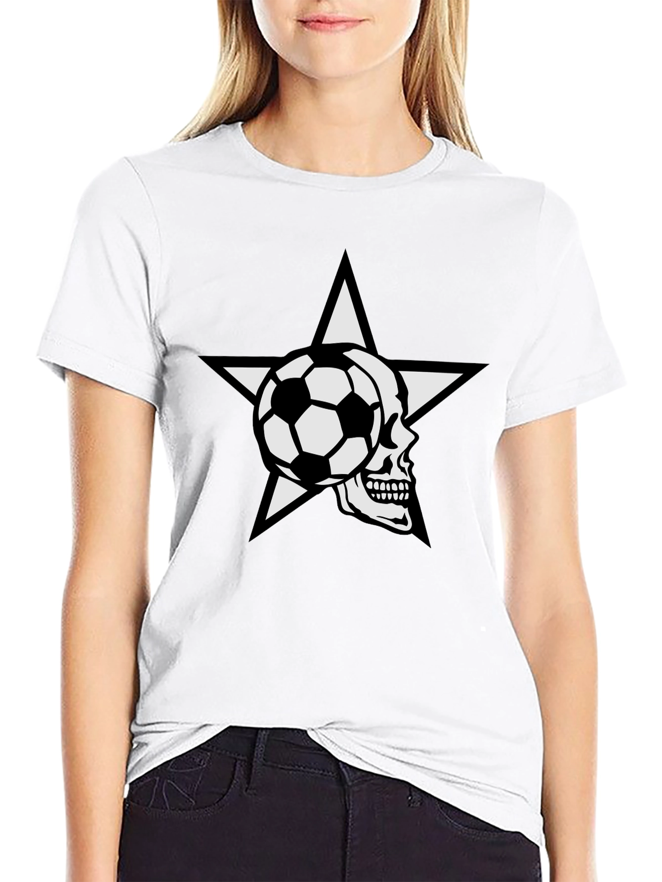Black Soccer Skull Star Graphic Tee - Black Cotton T-Shirt view 9