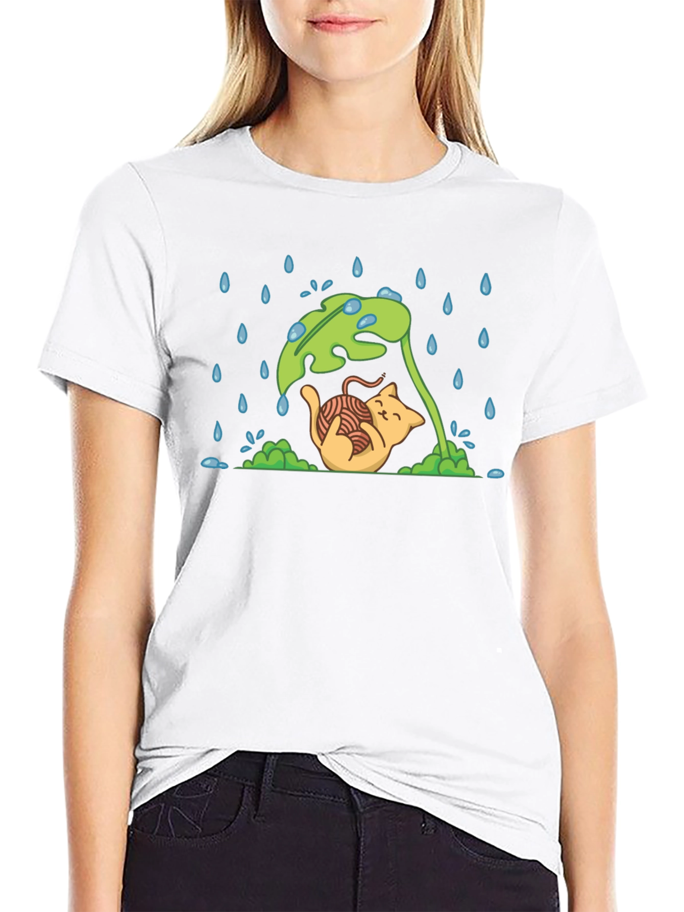 Black Cute Cat Under Leaf in Rain T-Shirt view 9