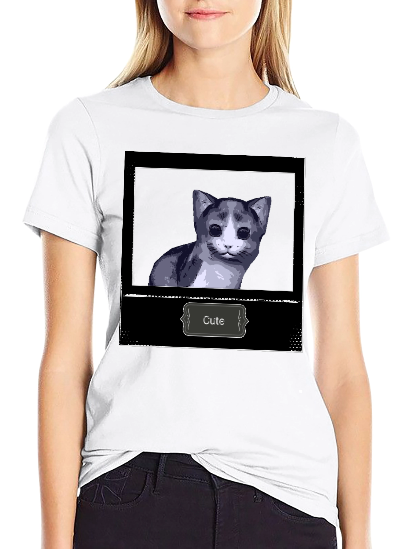 Black Cute Cat Graphic Print Black T-Shirt view 9