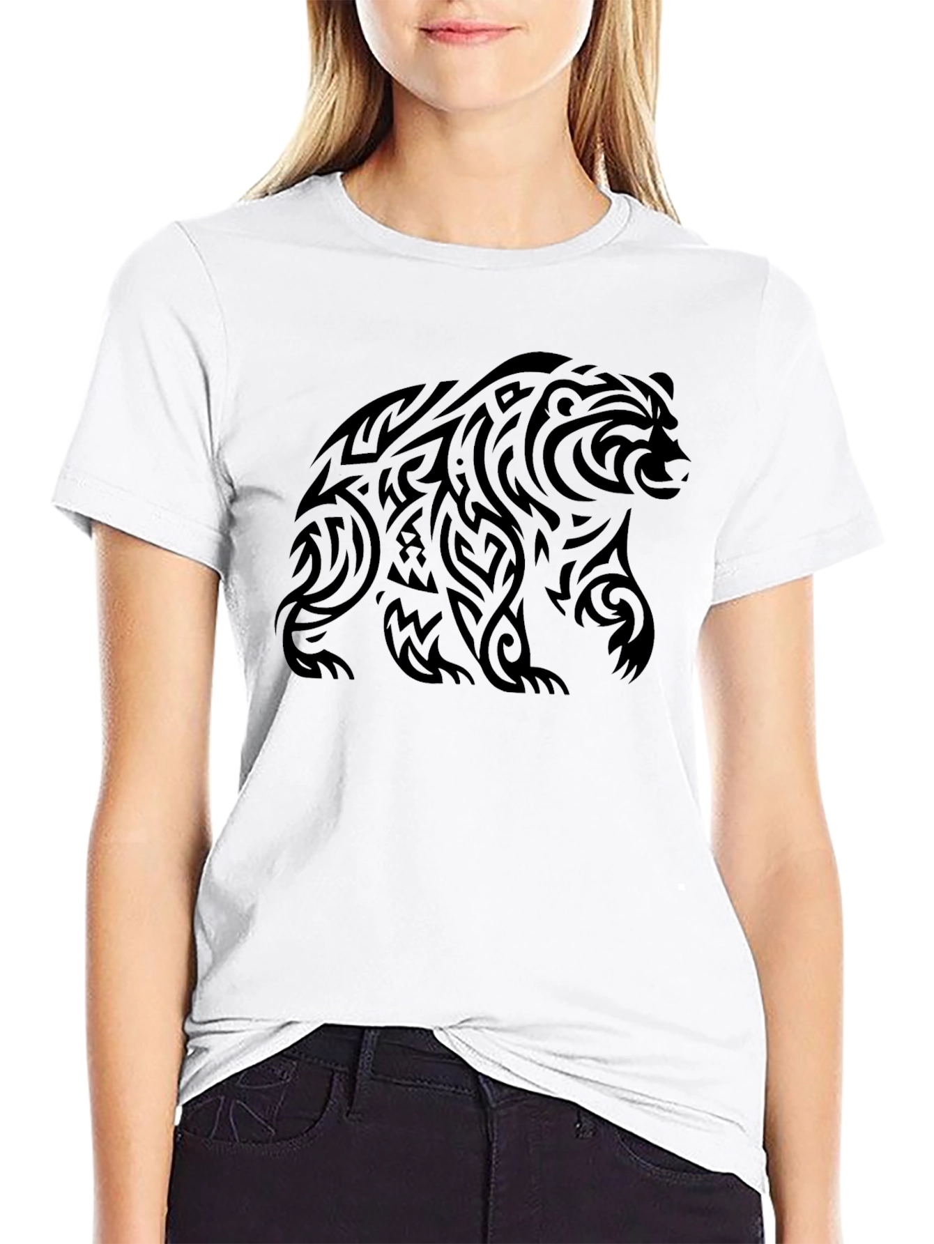 Black Tribal Bear Graphic Tee - Black Cotton Casual Shirt view 9