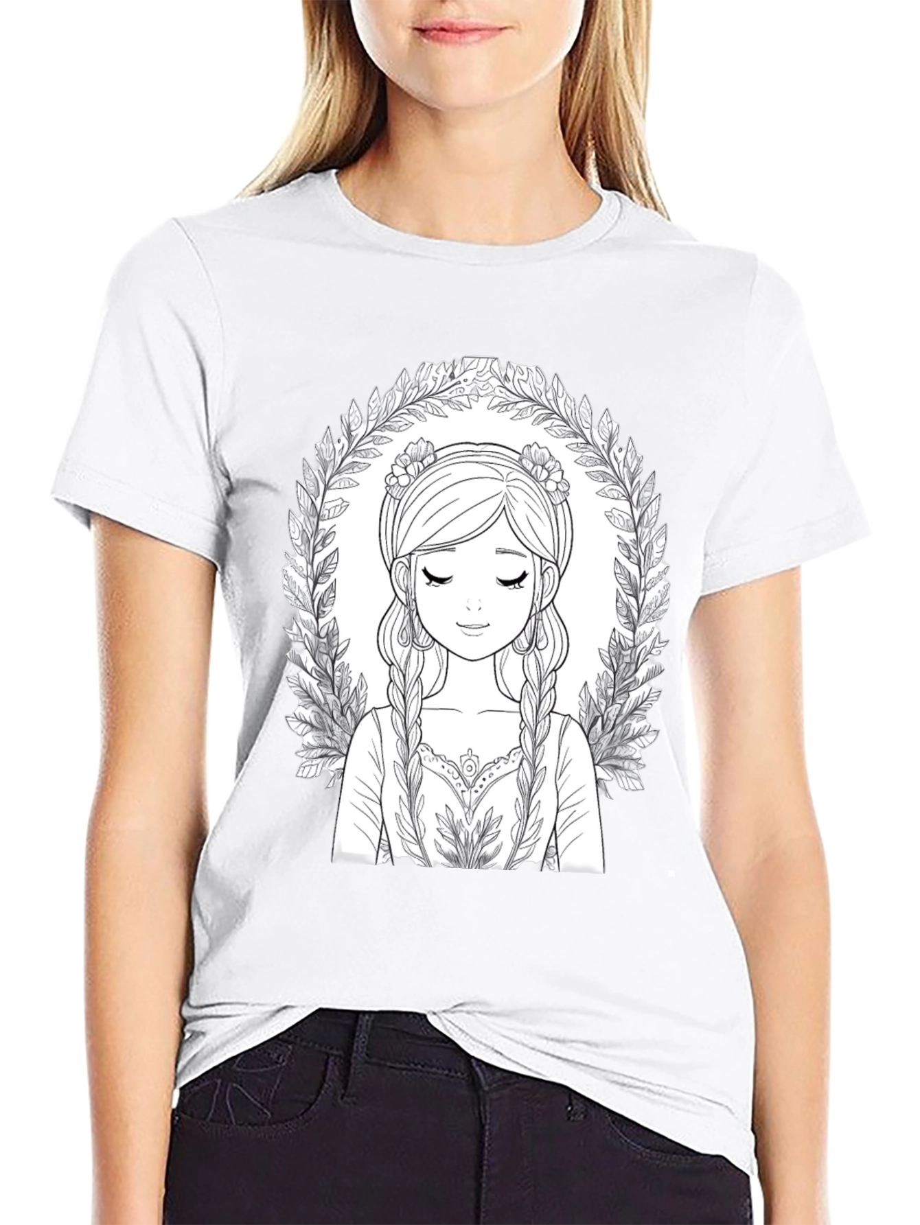 Black Black T-Shirt with Intricate Girl Portrait Design view 9