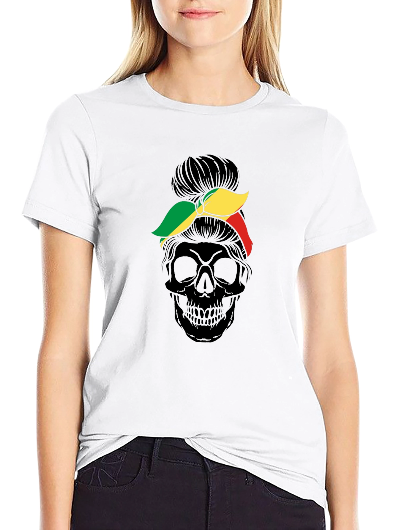 Black Skull Messy Bun T-Shirt - Unique Graphic Tee view 9