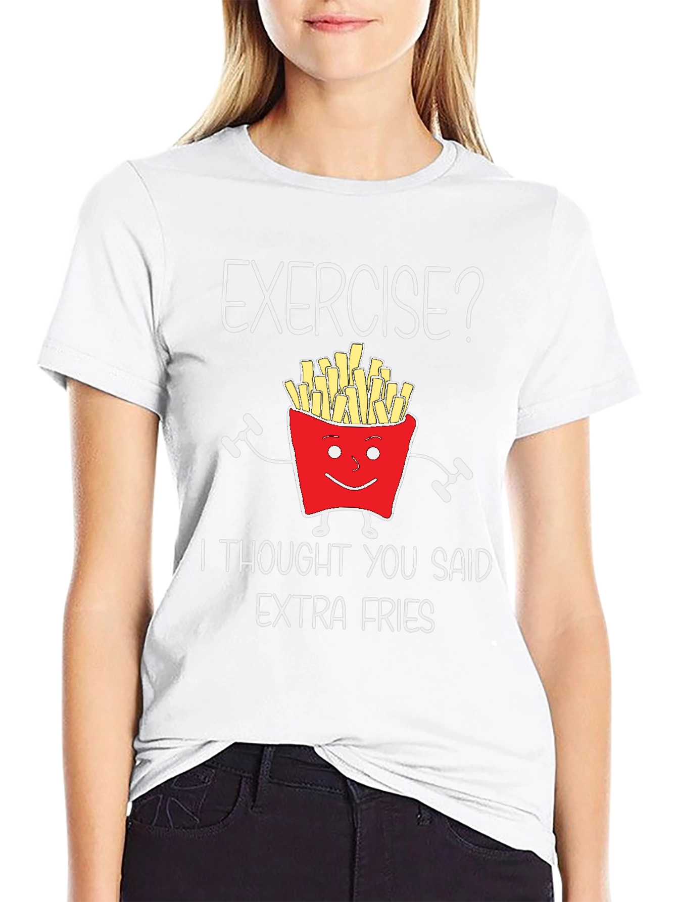 Black Funny Exercise Extra Fries Graphic T-Shirt view 9