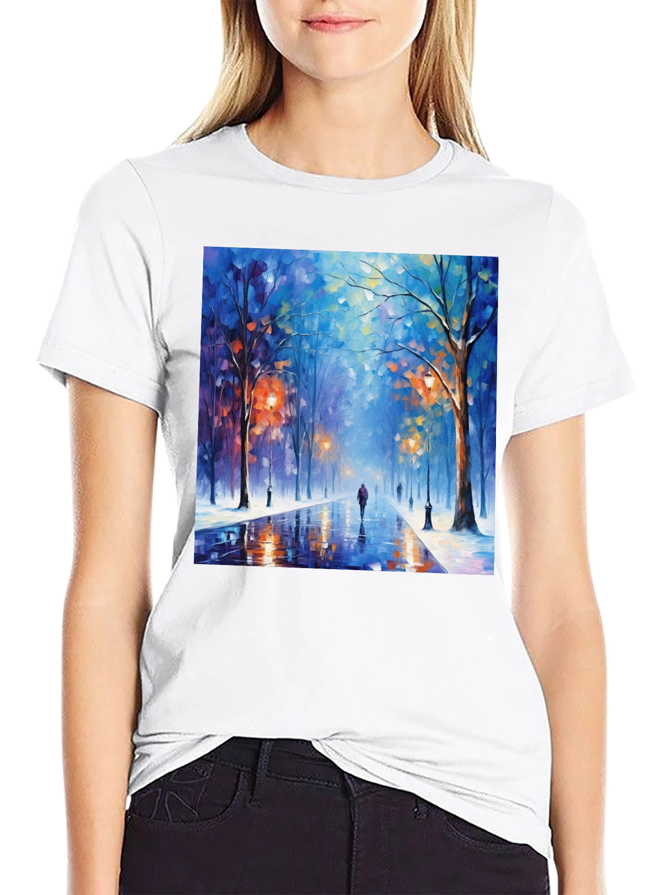 Black Artistic Winter Street Scene T-Shirt view 9