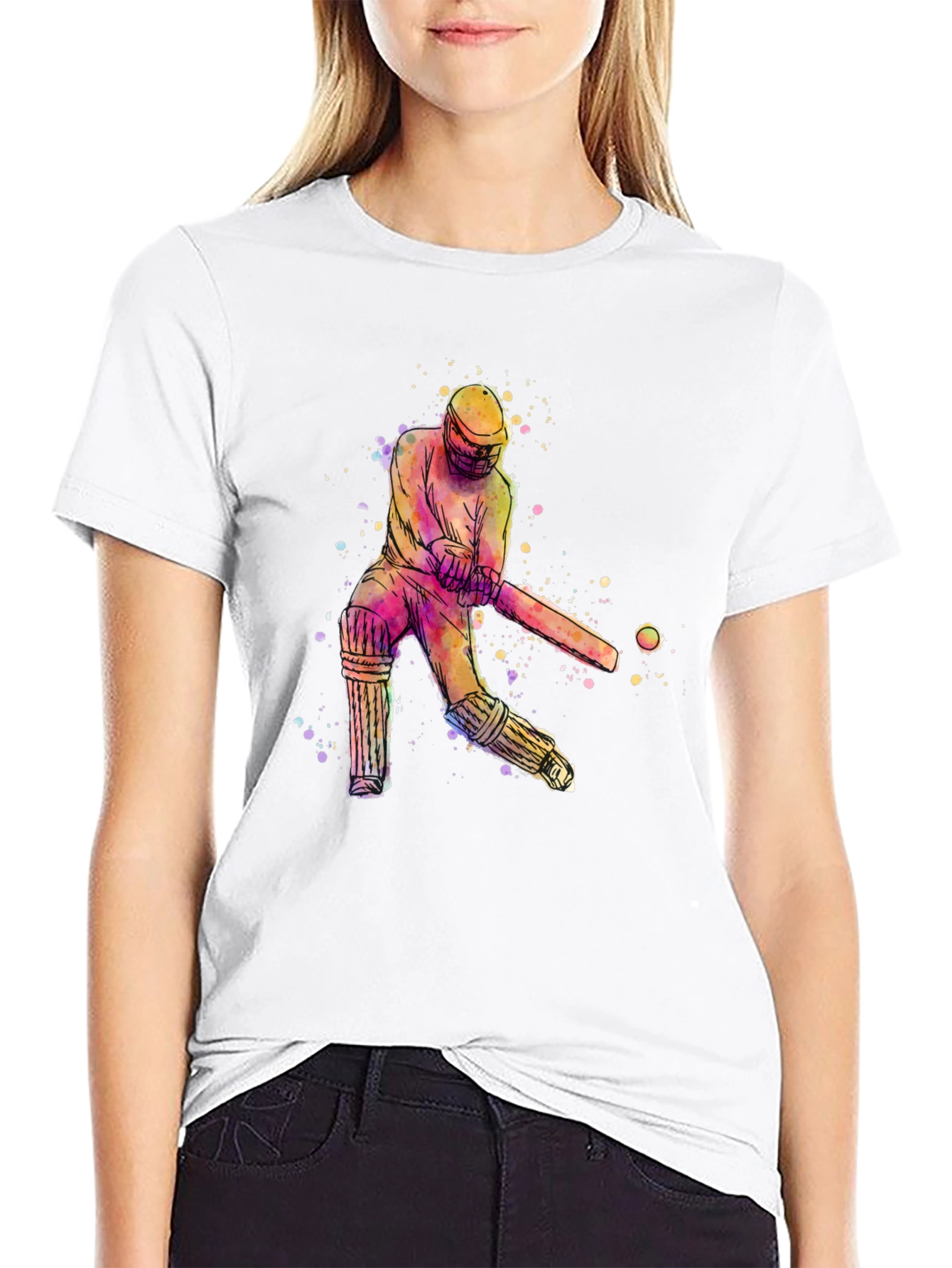 Black Cricket Player Watercolor Tee view 9