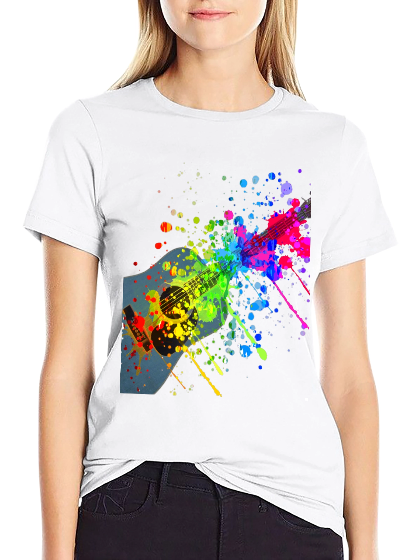 Black Colorful Guitar Splatter T-Shirt - Music Lover Tee view 9