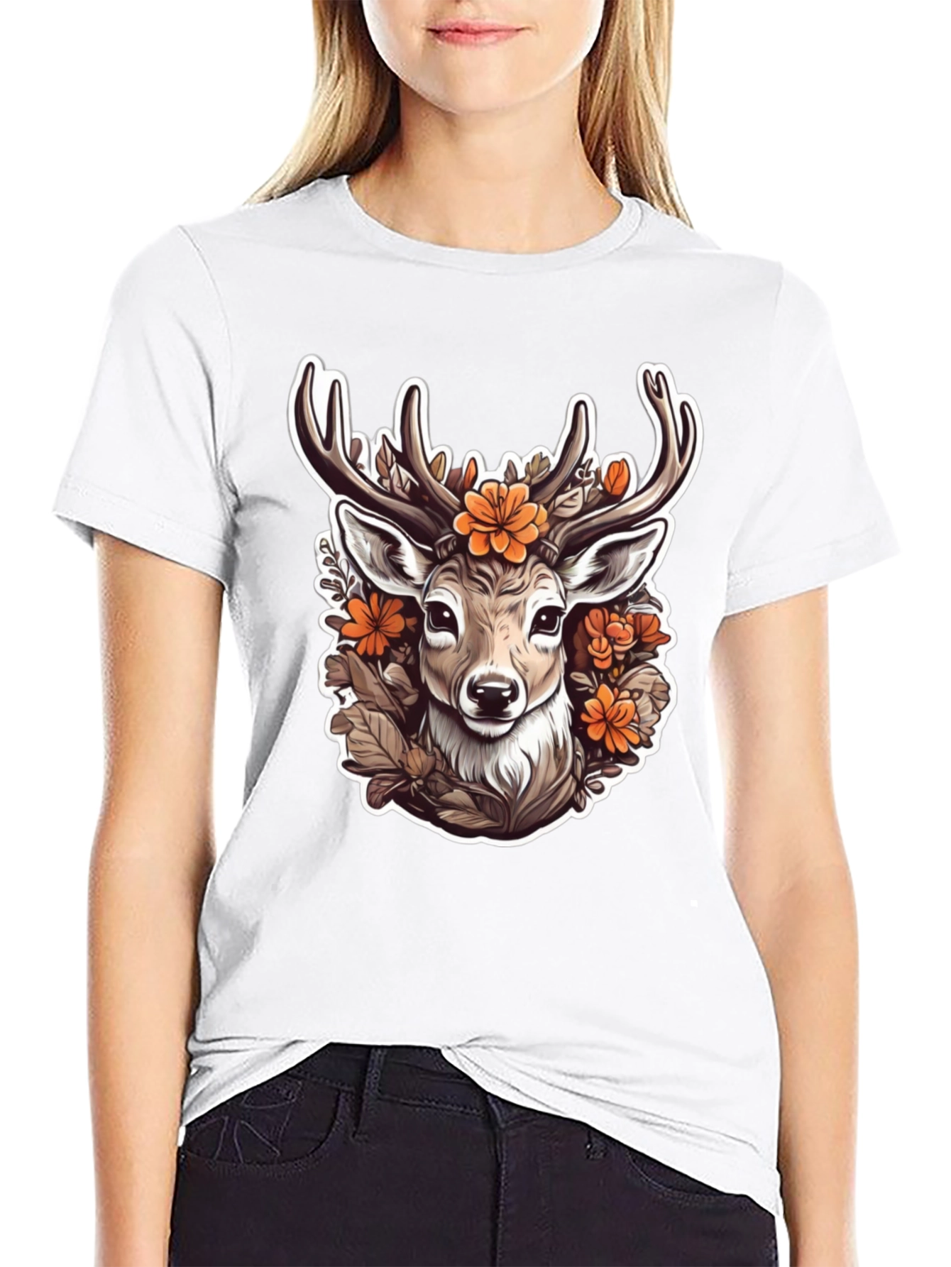 Black Floral Deer Head Graphic T-Shirt view 9