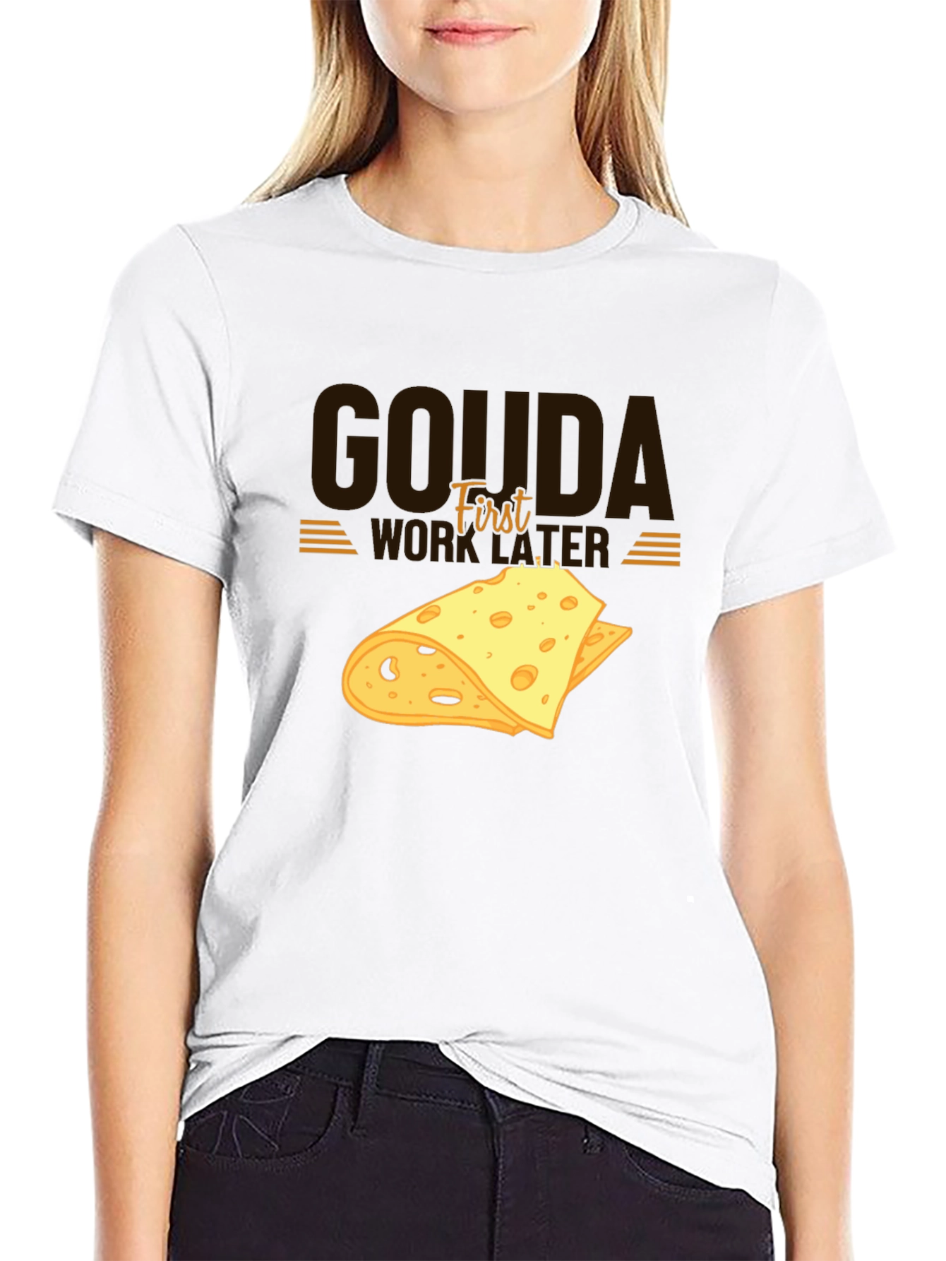 Black Gouda First Work Later Cheese Graphic T-Shirt view 9