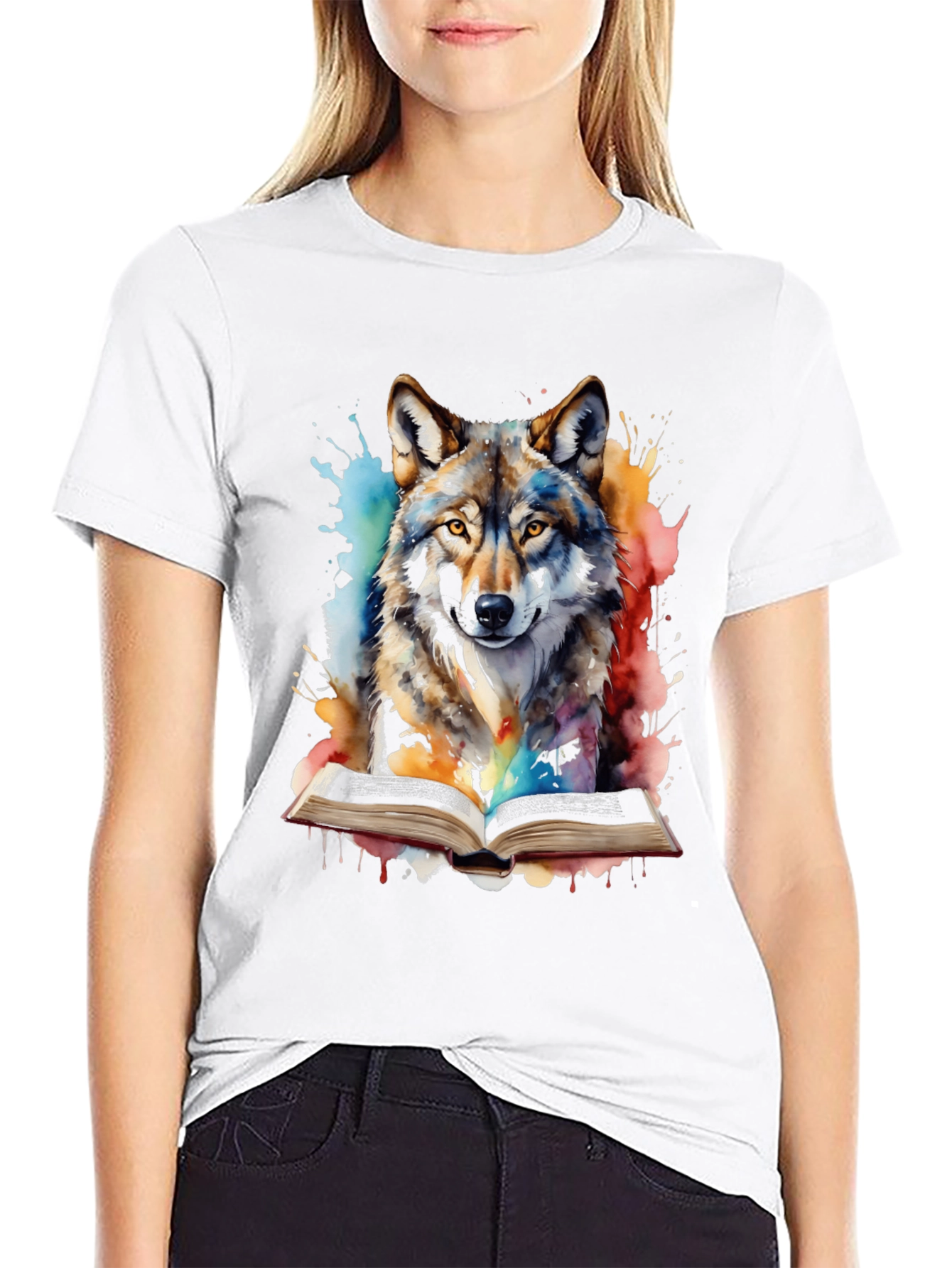 Black Watercolor Wolf Reading T-Shirt - Unique Graphic Tee view 9