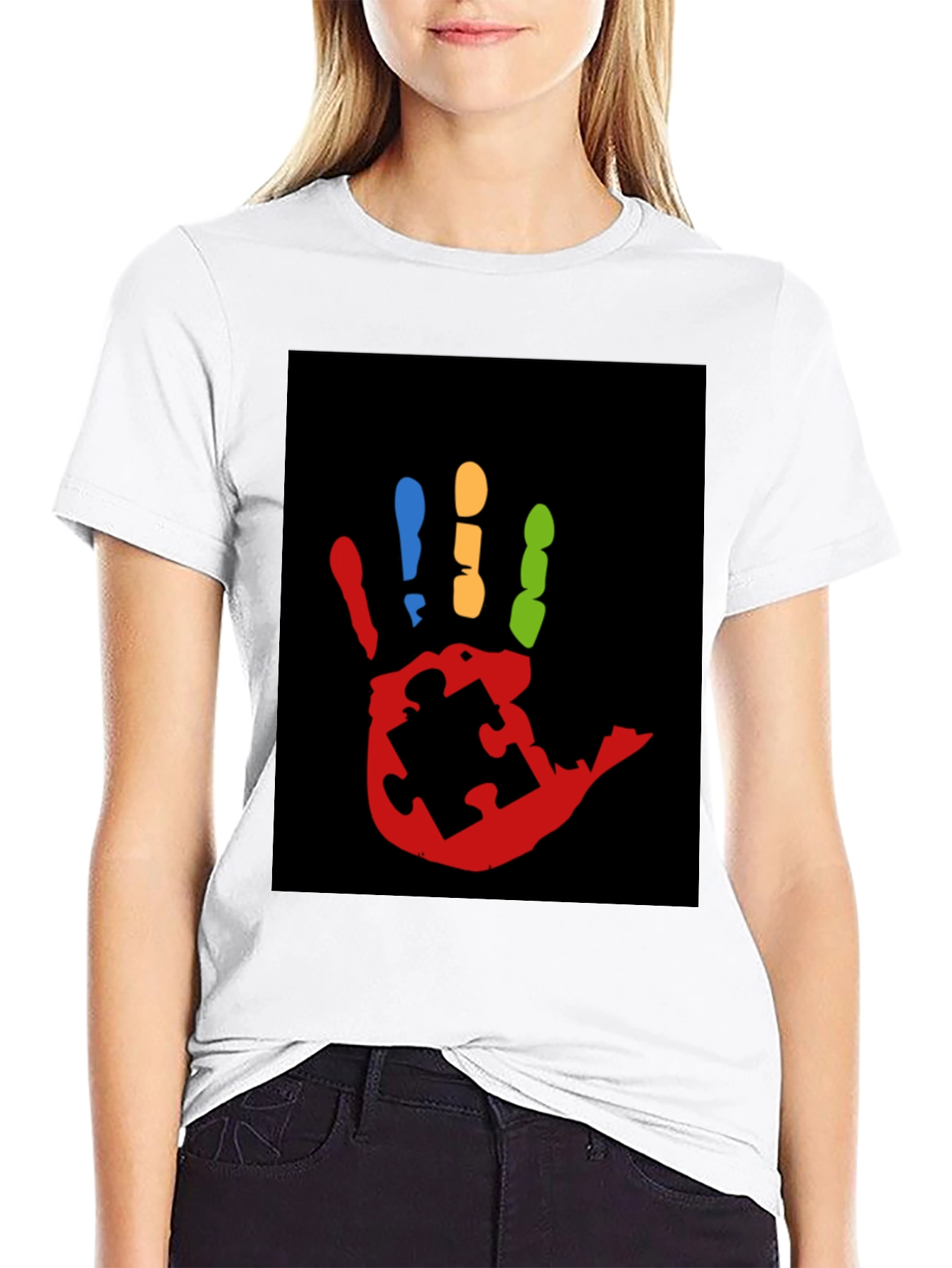 Black Autism Awareness Hand Print T-Shirt view 9
