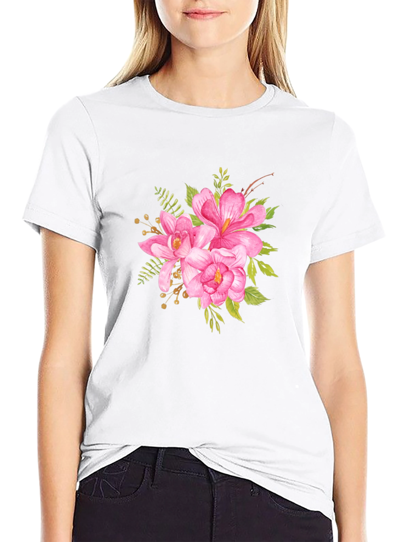 Black Floral T-Shirt - Pink Watercolor Flower Graphic Tee view 9